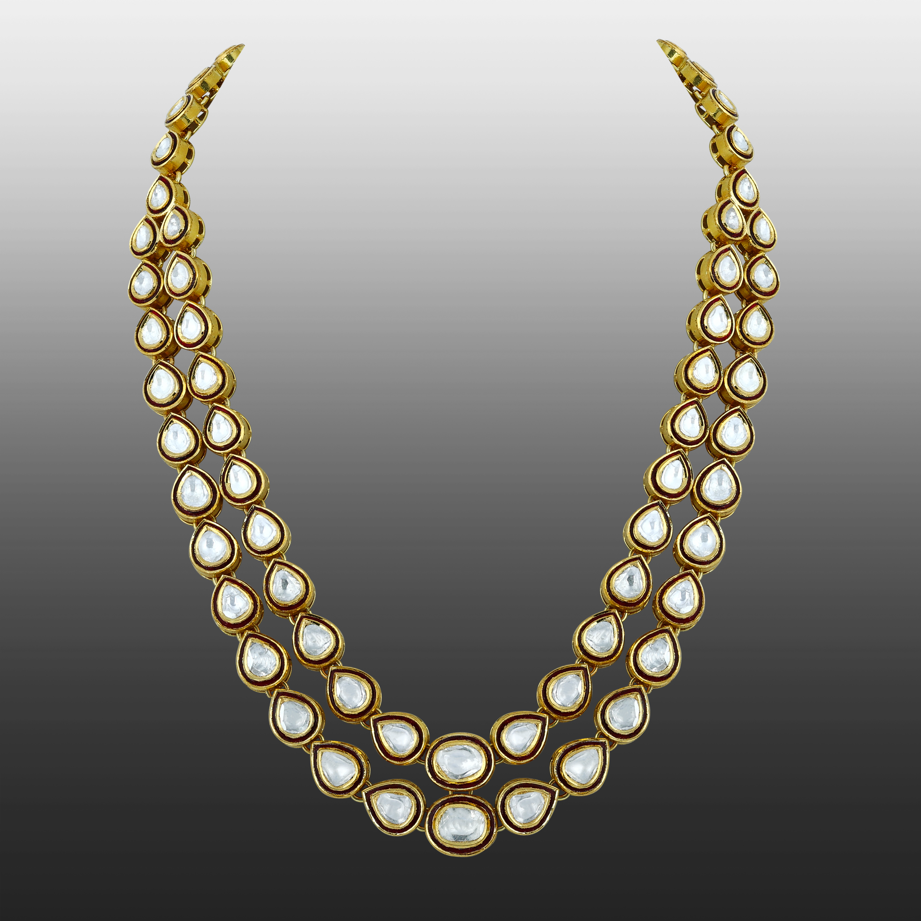 Double-Row Polki Necklace with Red Enamel Border