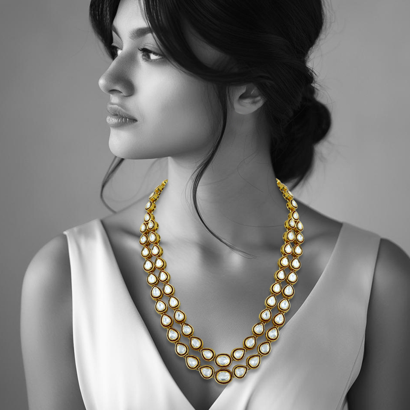 Double-Row Polki Necklace with Red Enamel Border