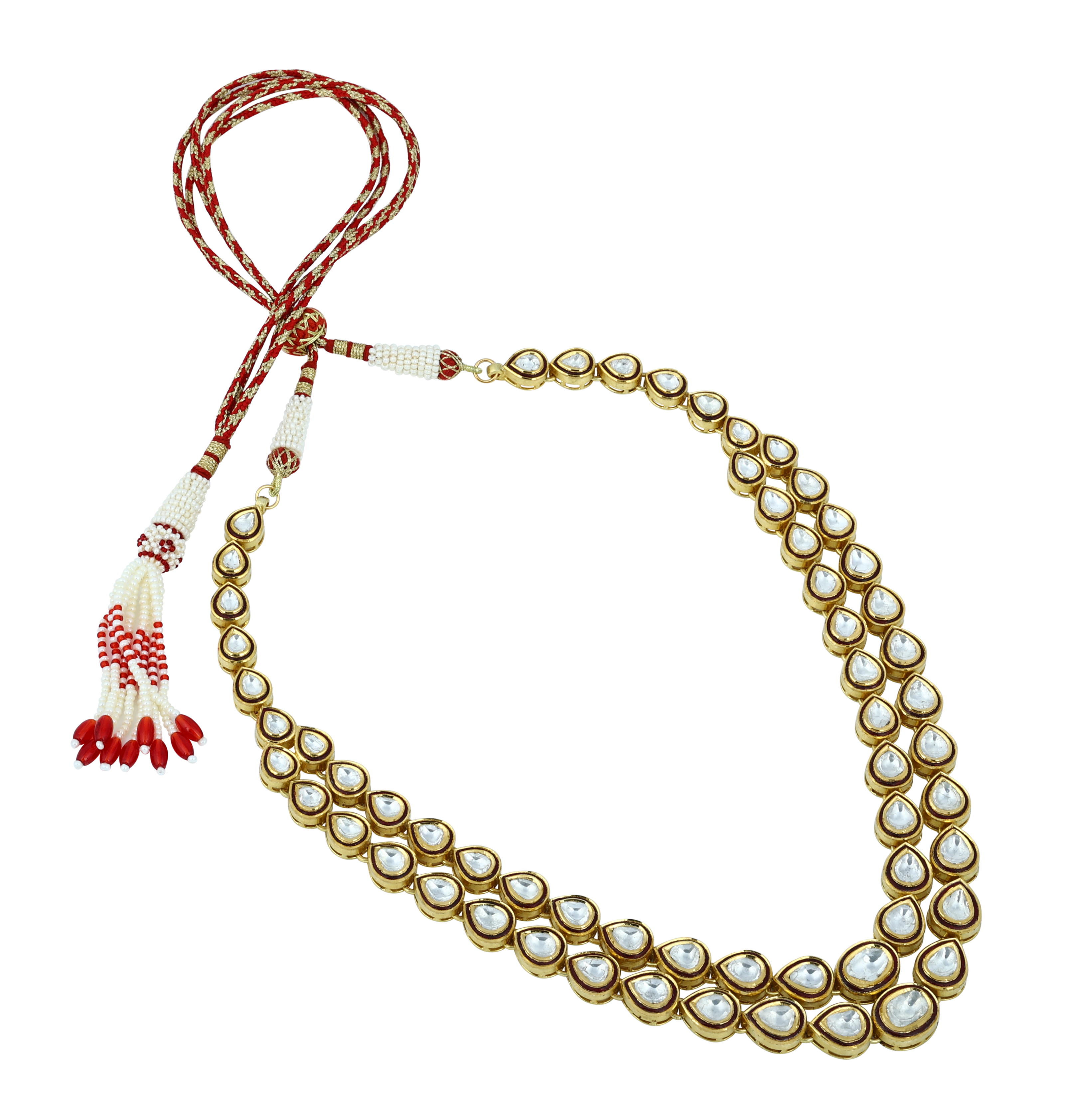 Double-Row Polki Necklace with Red Enamel Border
