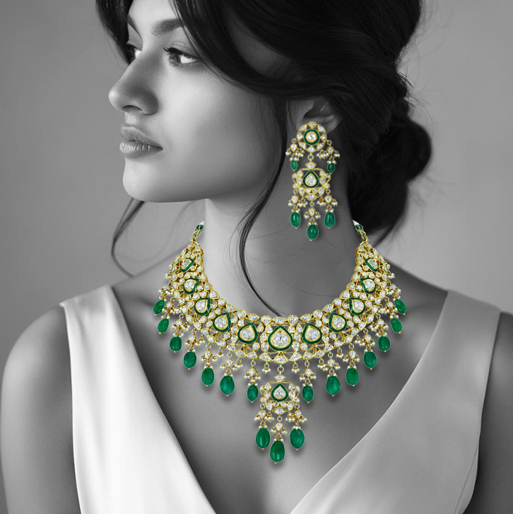 Polki Necklace with Green Enamel and Emerald Drops
