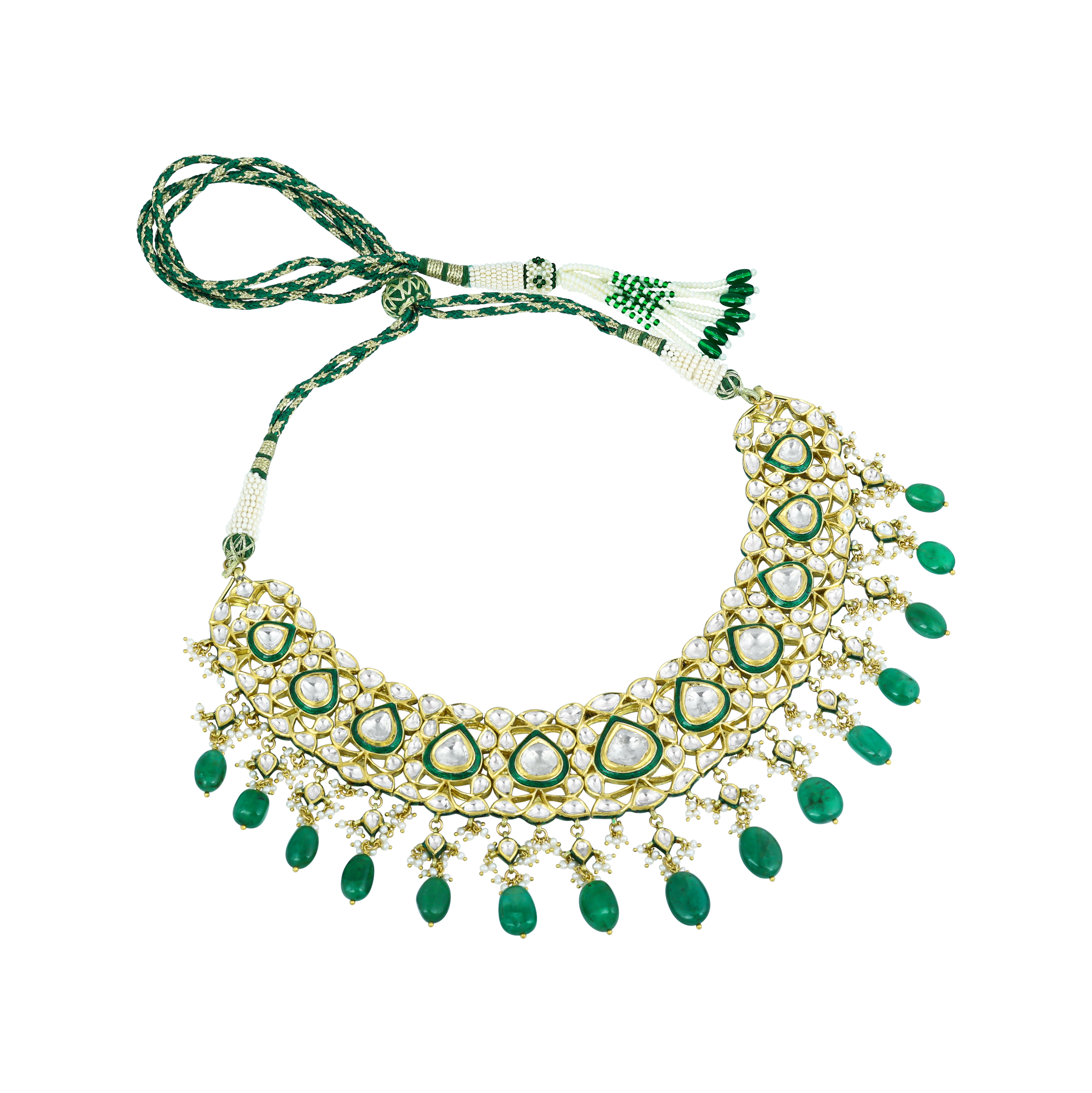 Polki Necklace with Green Enamel and Emerald Drops