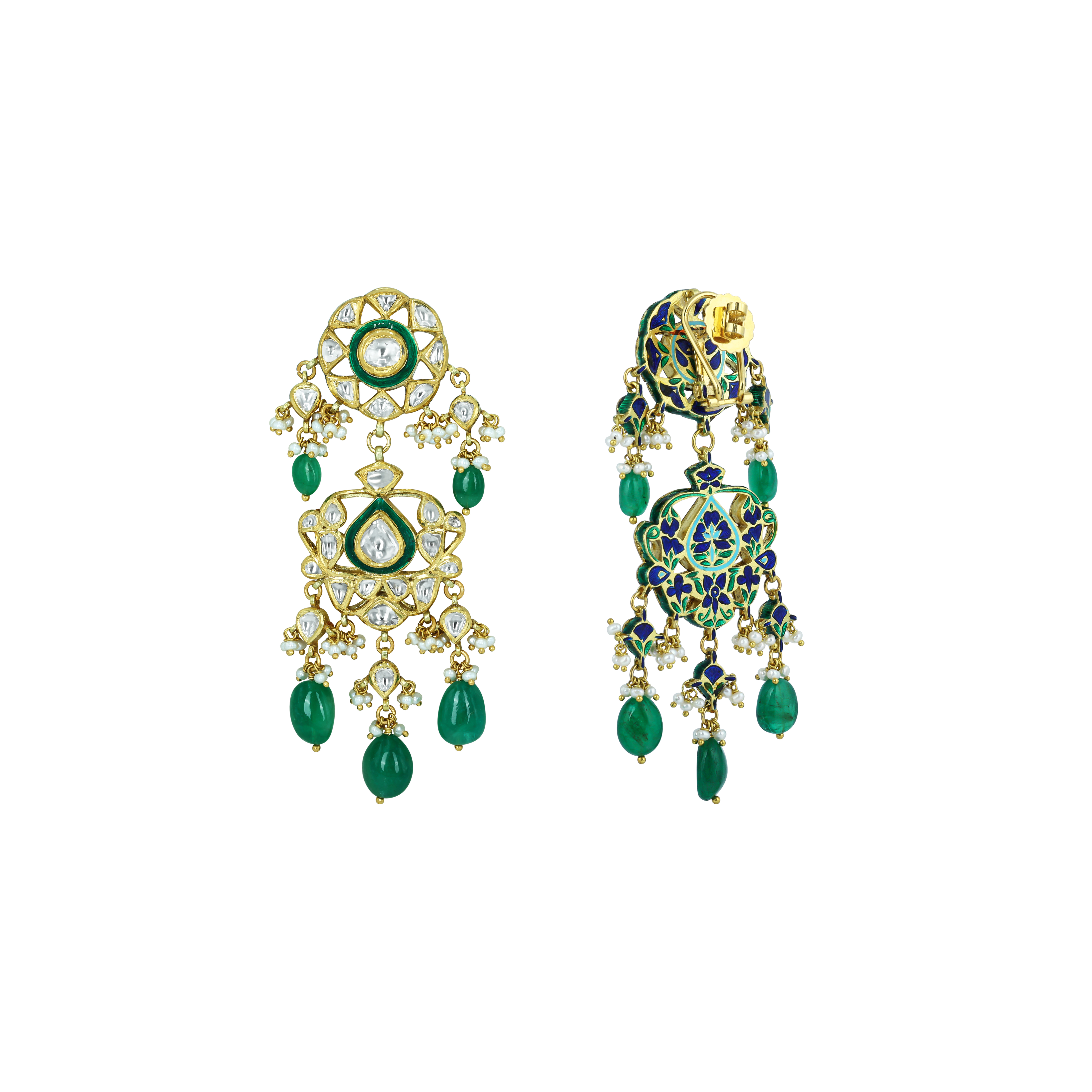 Polki Earrings with Green Enamel and Emerald Drops