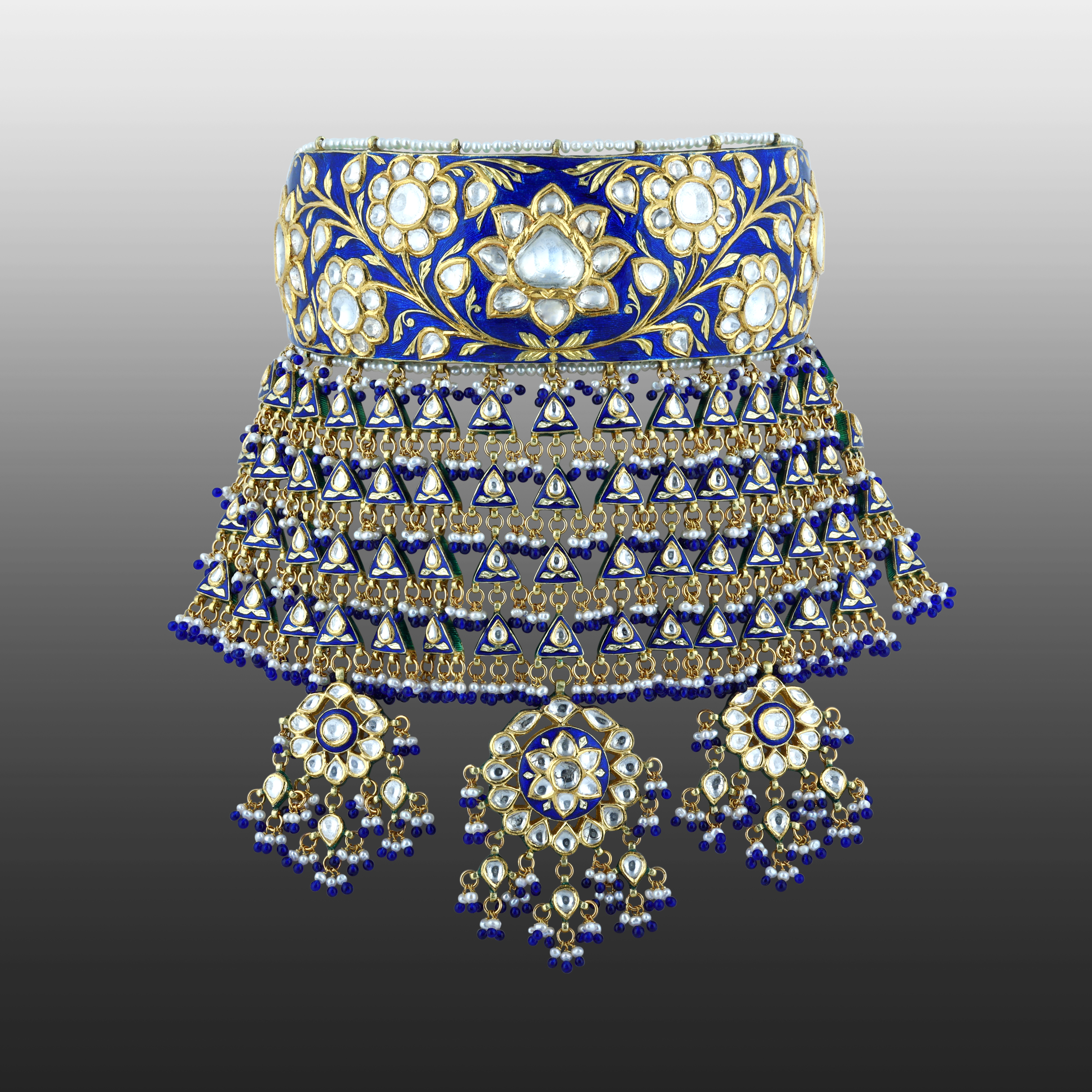 Blue Meenakari Polki Choker with Cascading Drops and Tri-Pendants