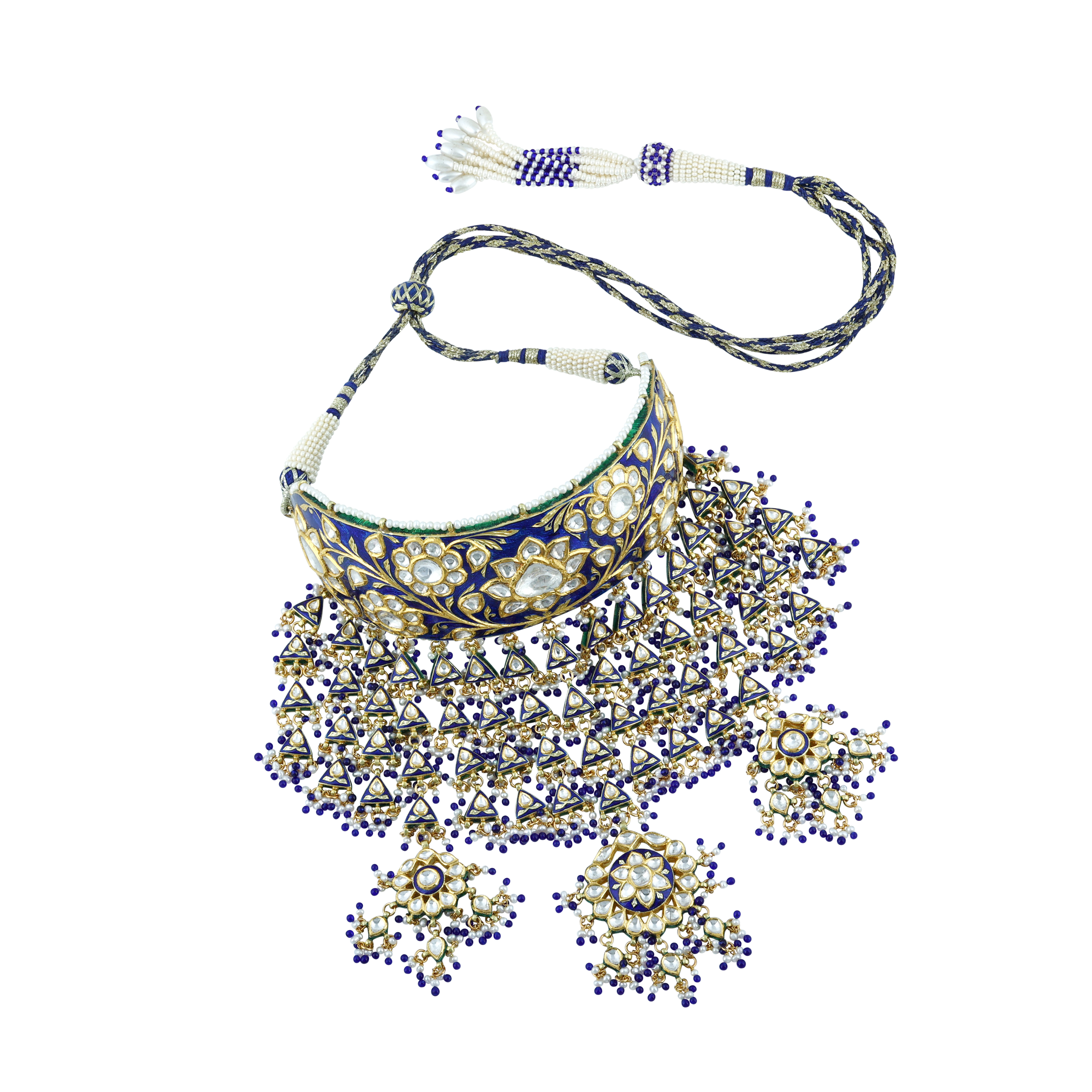 Blue Meenakari Polki Choker with Cascading Drops and Tri-Pendants