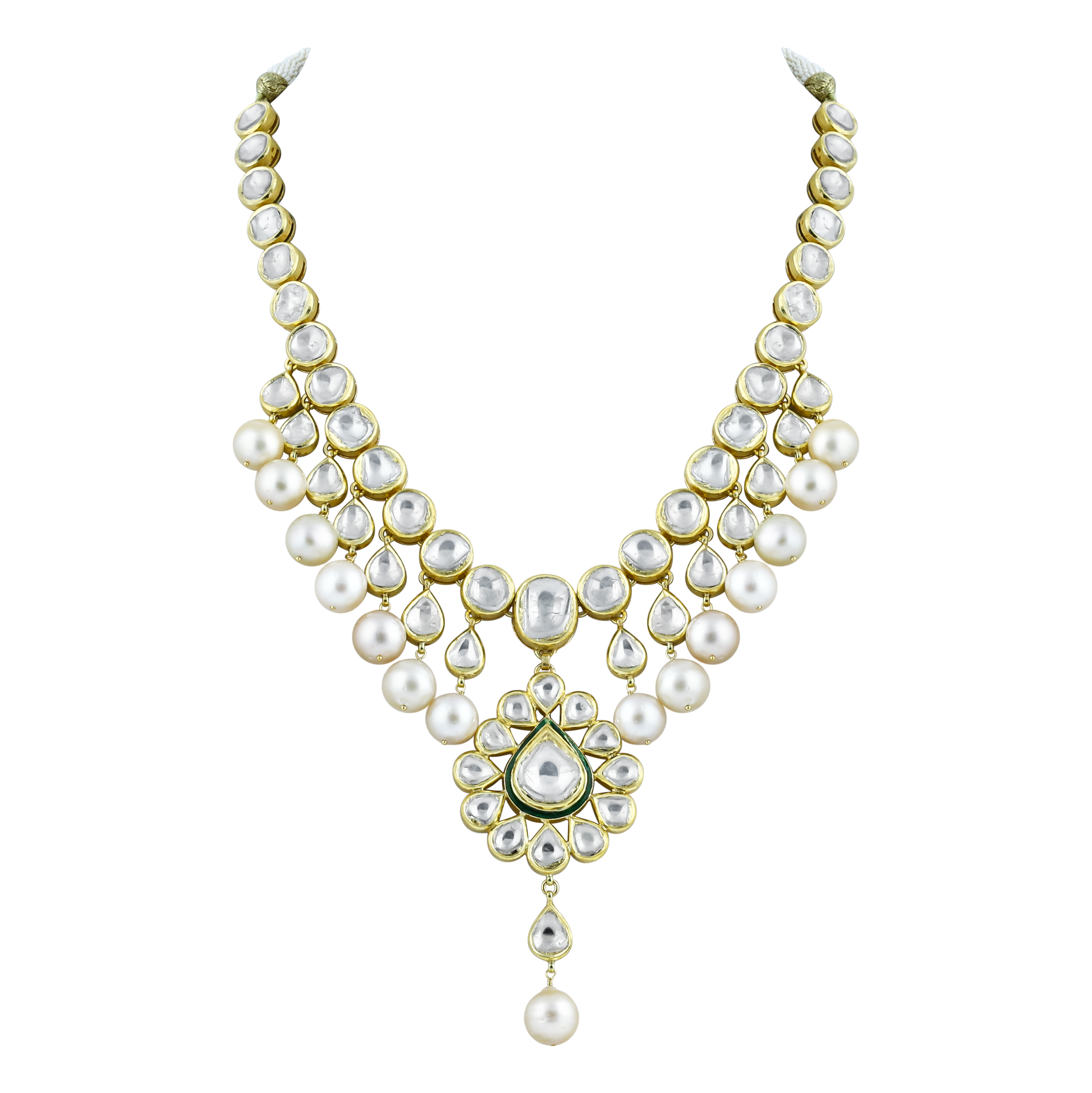 Polki Necklace with Pearl Drops and Central Motif