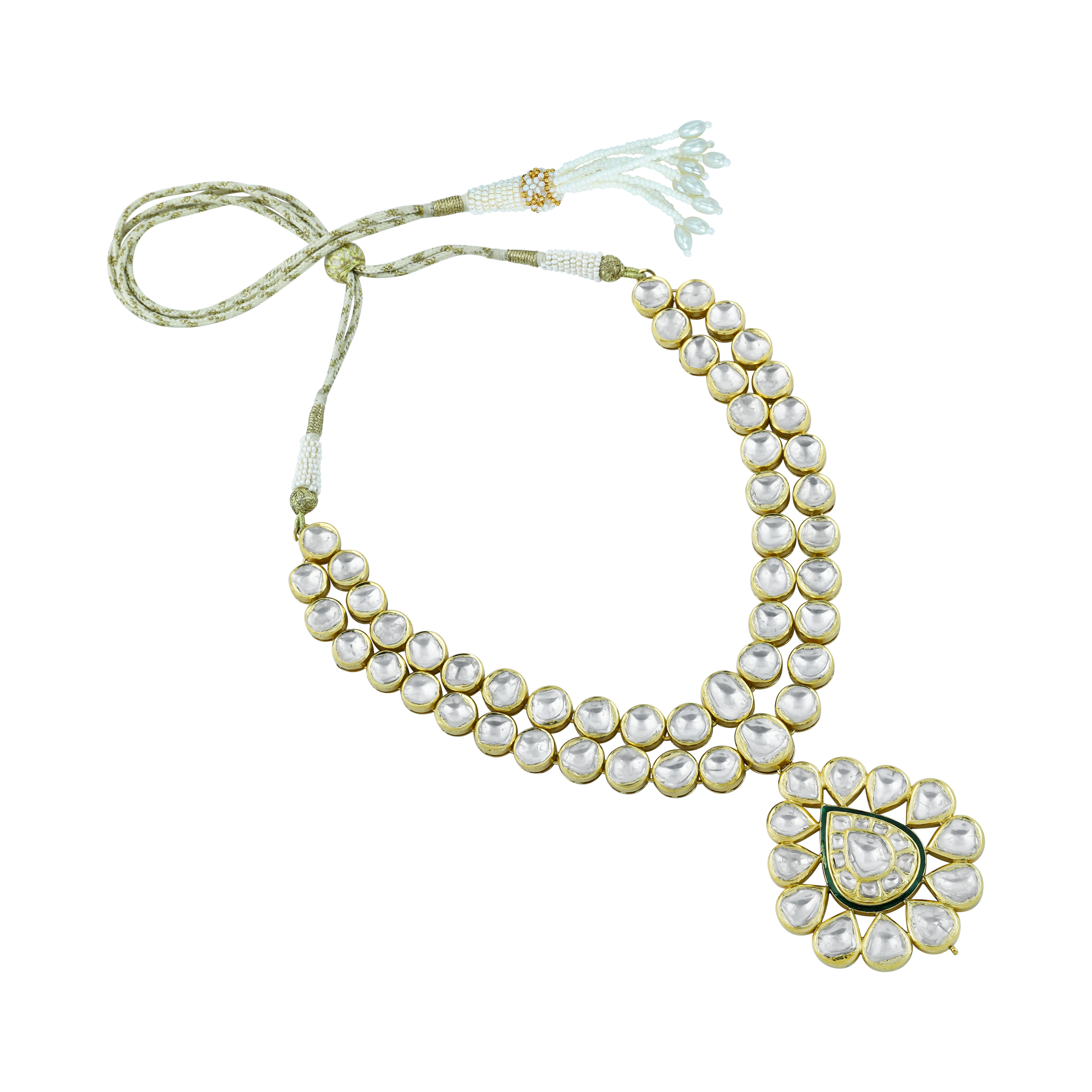 Double-Layer Polki Necklace with Floral Pendant