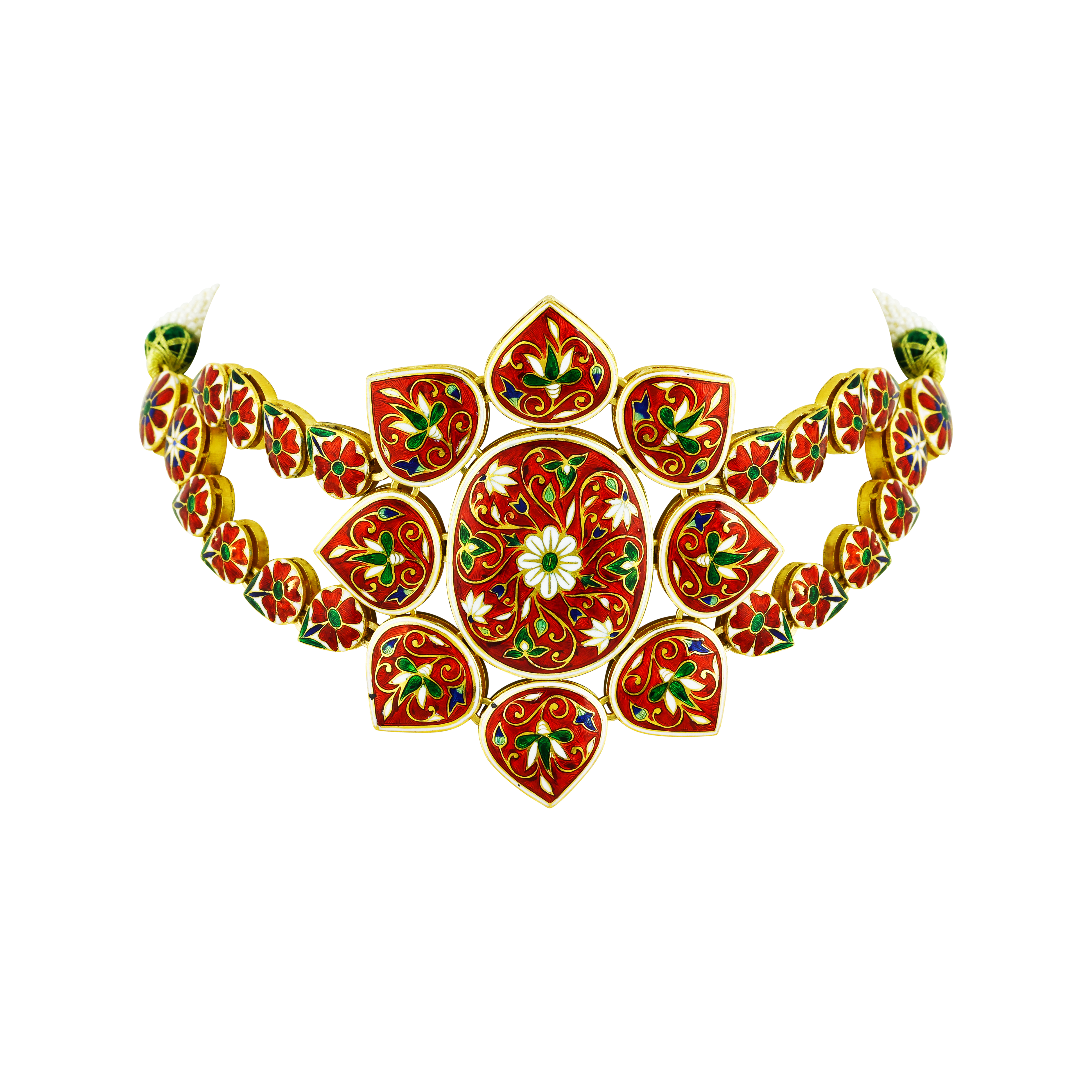 Flower Polki Choker with Green Enamel and Dual Polki Strings