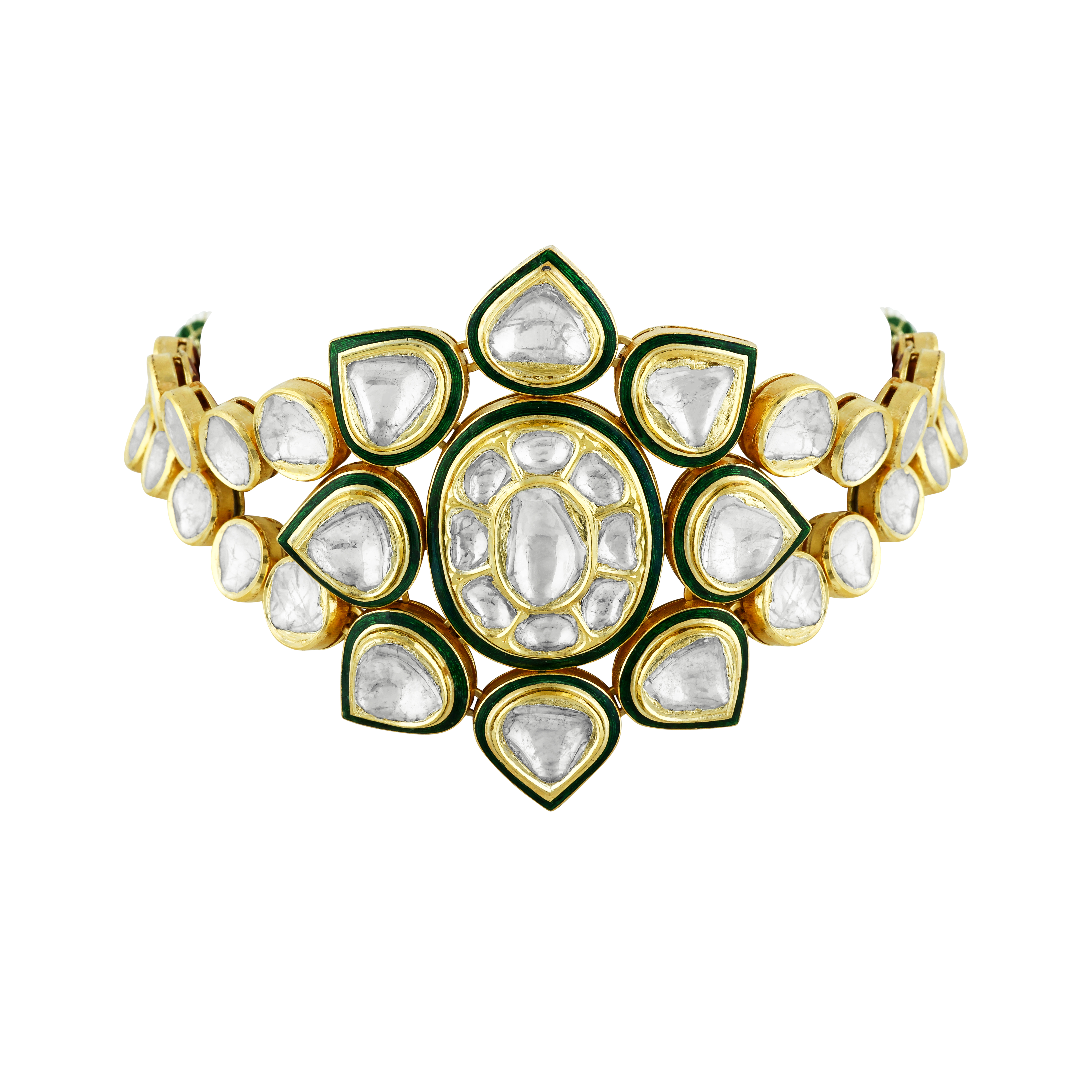 Floral Polki Choker with Green Enamel and Dual Polki Strings