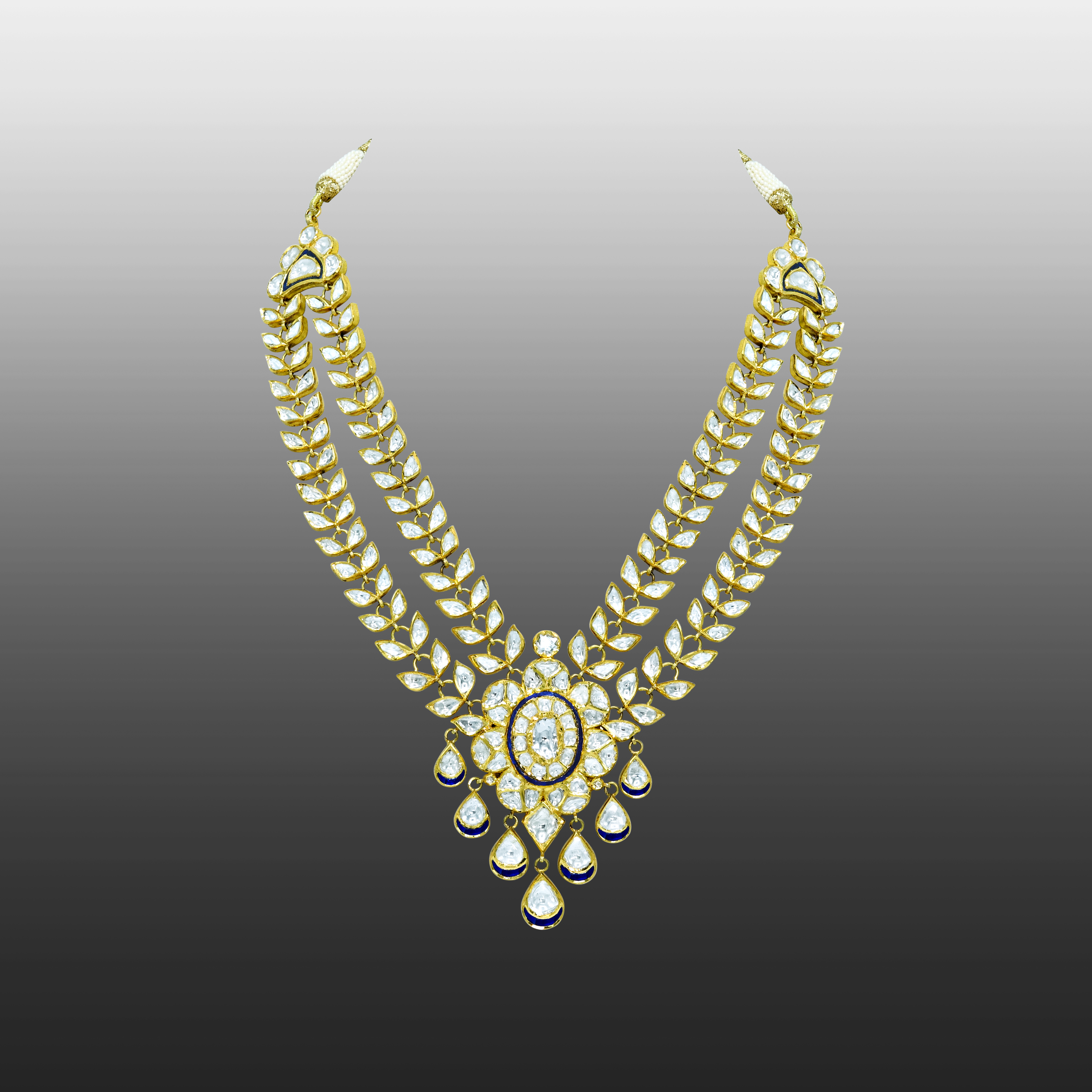 Gold Polki Necklace with Twin Petal Lines and Floral Center