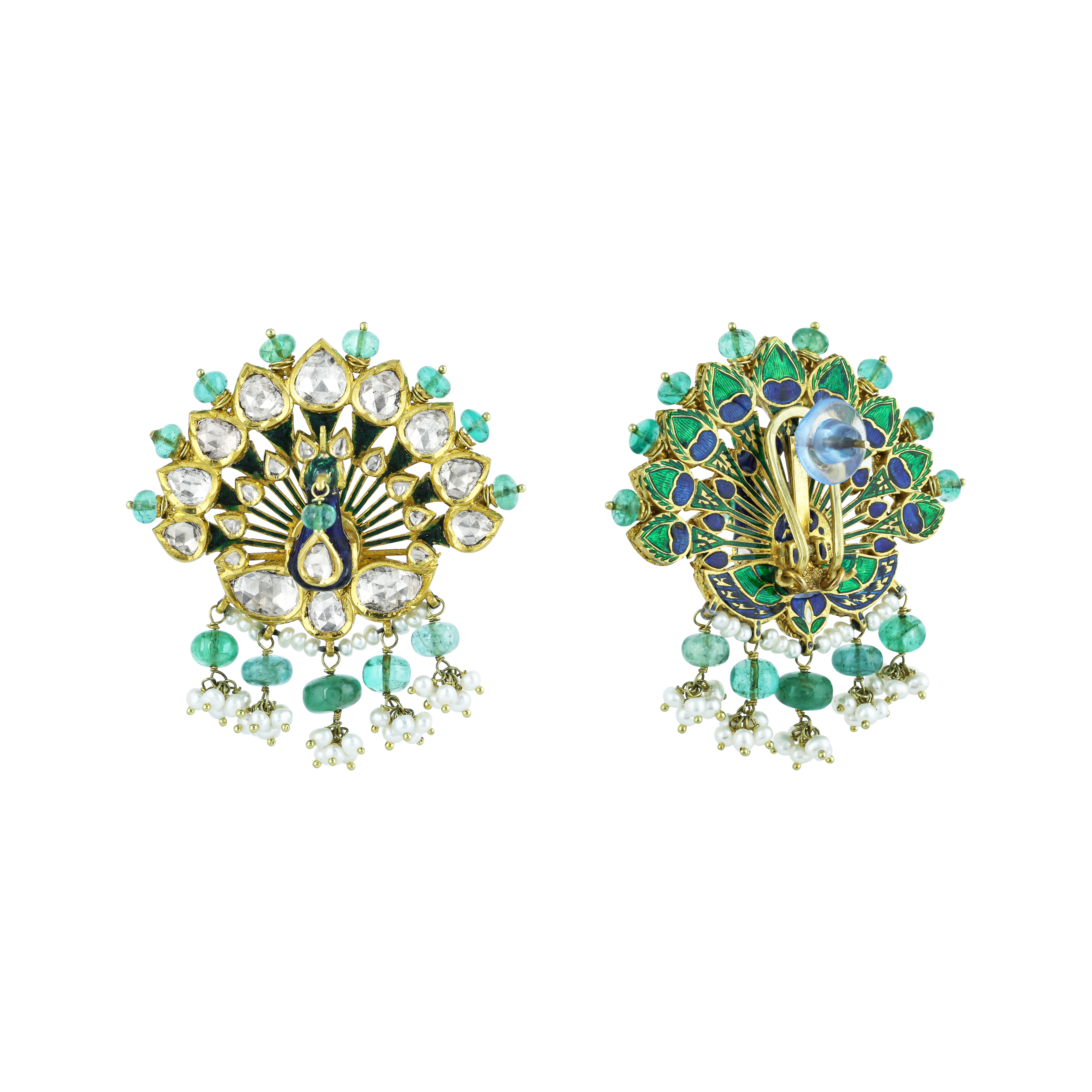 Peacock Polki Earrings with Emerald Beads and Pearl Cluster