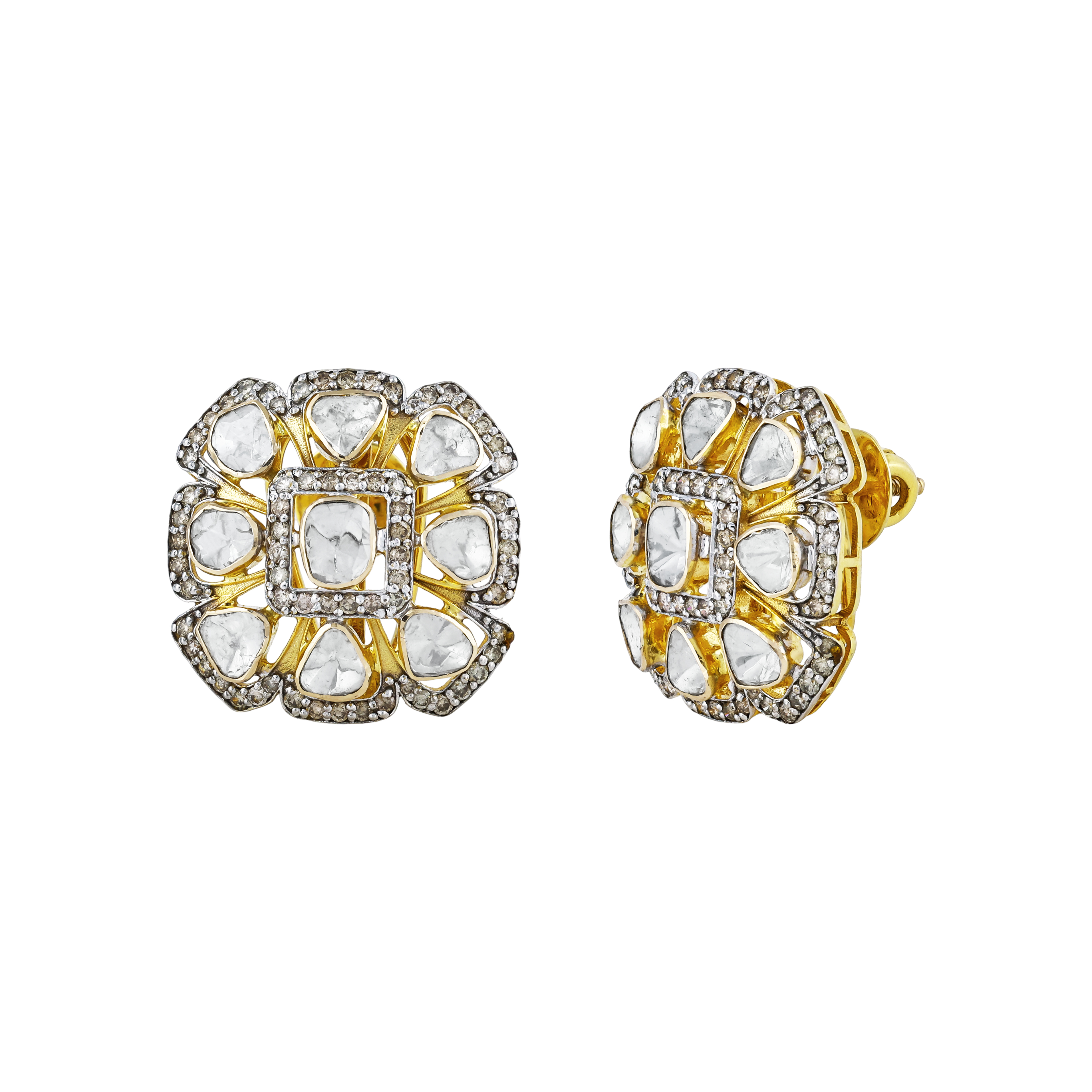 Floral Motif Earrings with Polkis and Diamond Borders