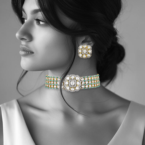 Versatile Choker Cum Bracelet with Polki and Emerald Accents