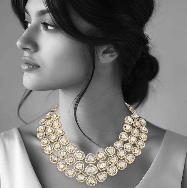 Layered Polki Necklace with Gold & Diamond Halos