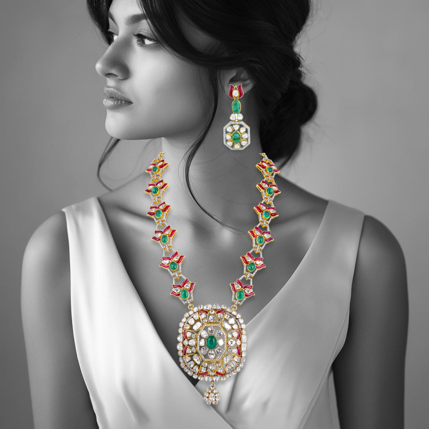 Emerald & Ruby Cabochon Necklace with Diamond Polki Halo