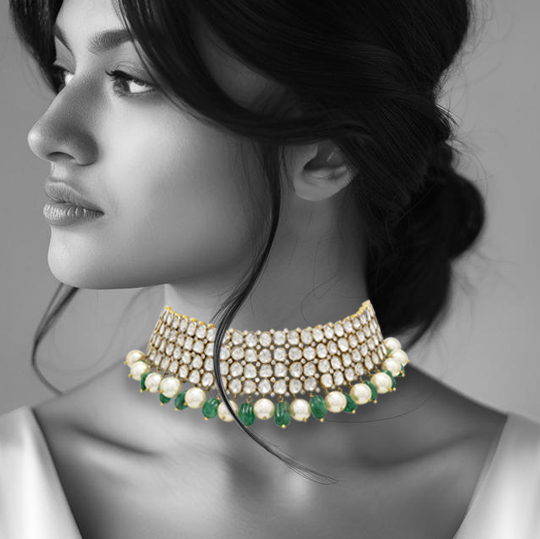 Radiant Diamond Choker with Green Tumble Stones & Pearls