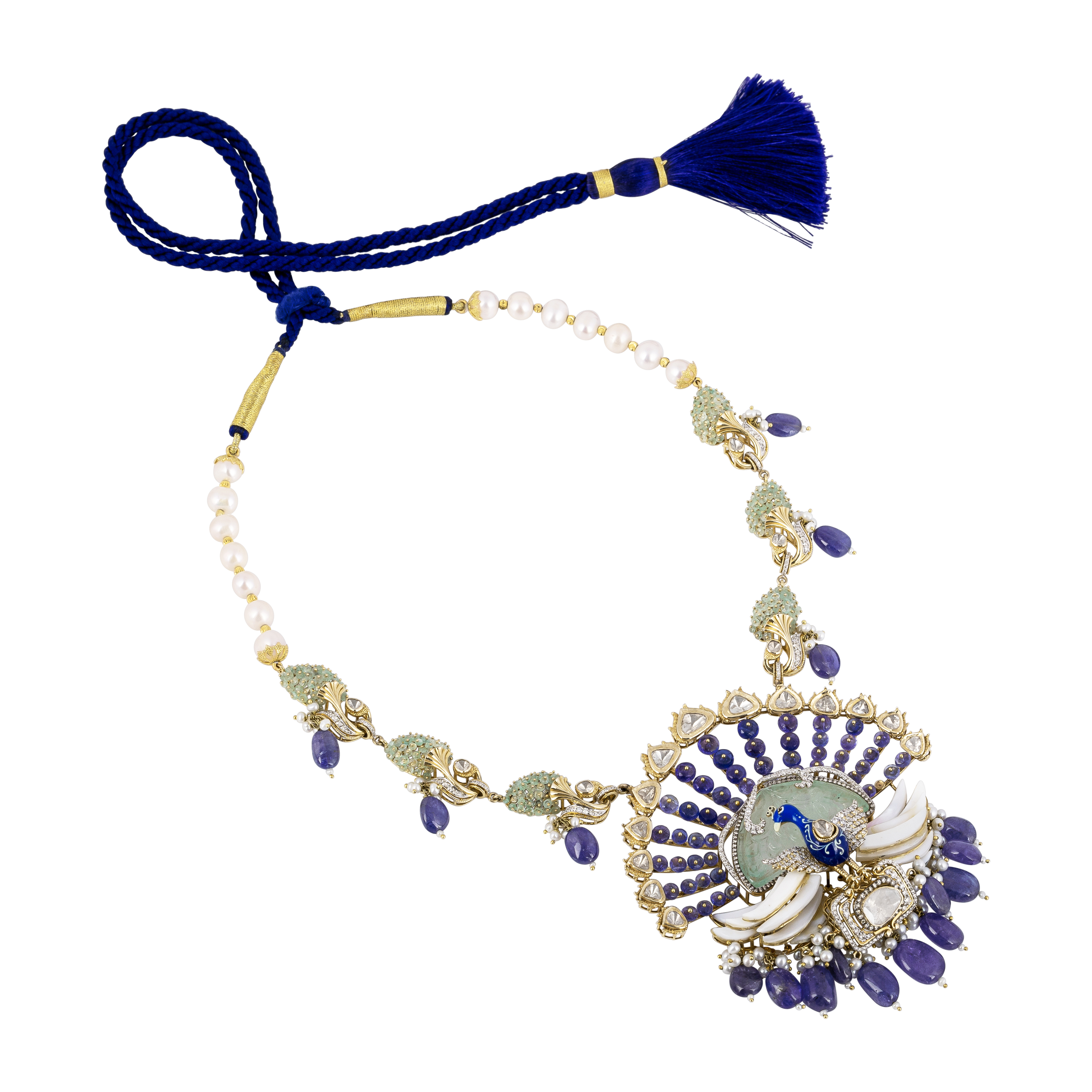 Peacock Pendant Necklace with Tanzanite , Mother of Pearl, Blue Enamel and Carved Stone
