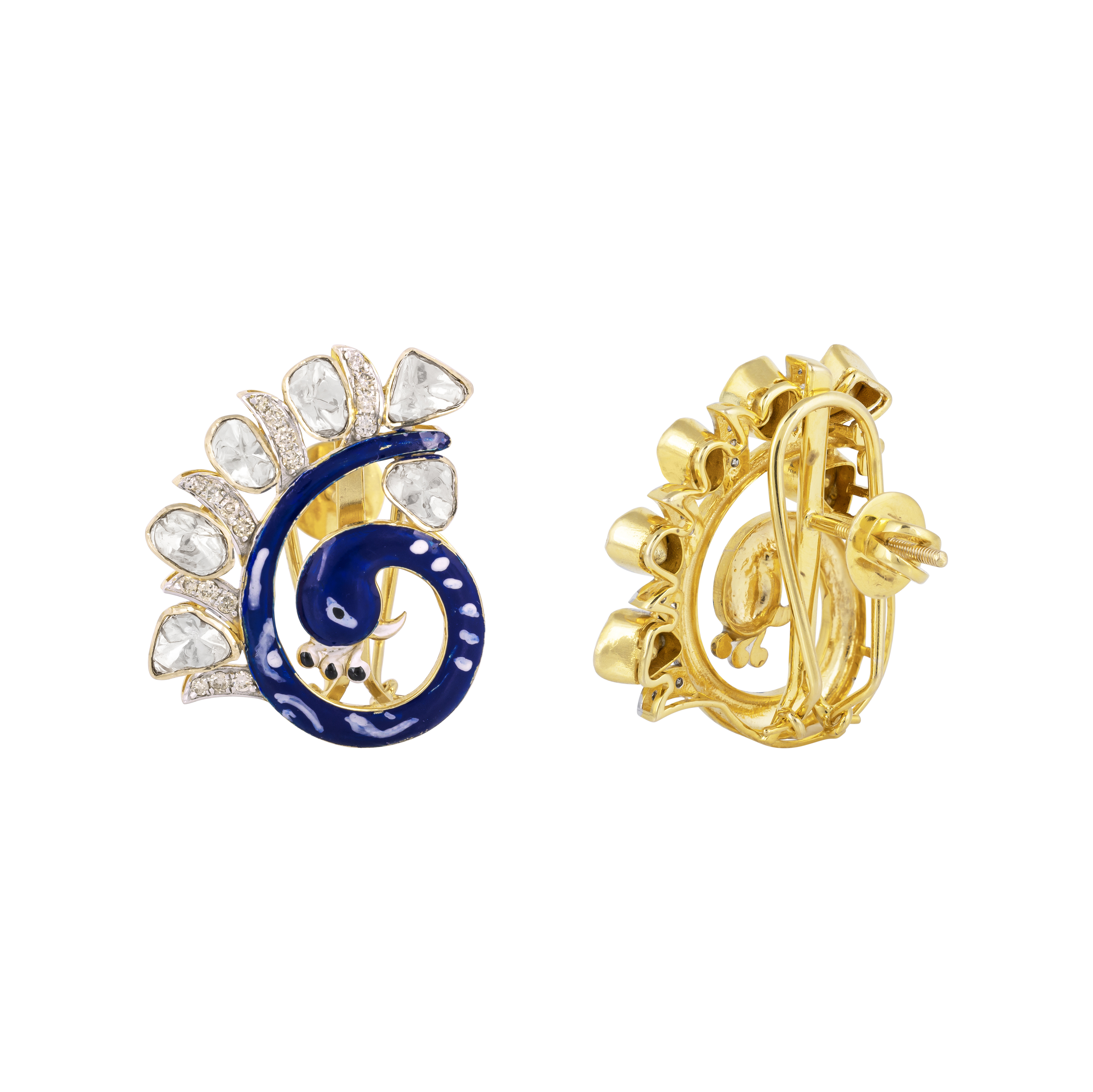 Peacock Earrings with Blue Enamel, Shimmering Diamonds and Polkis