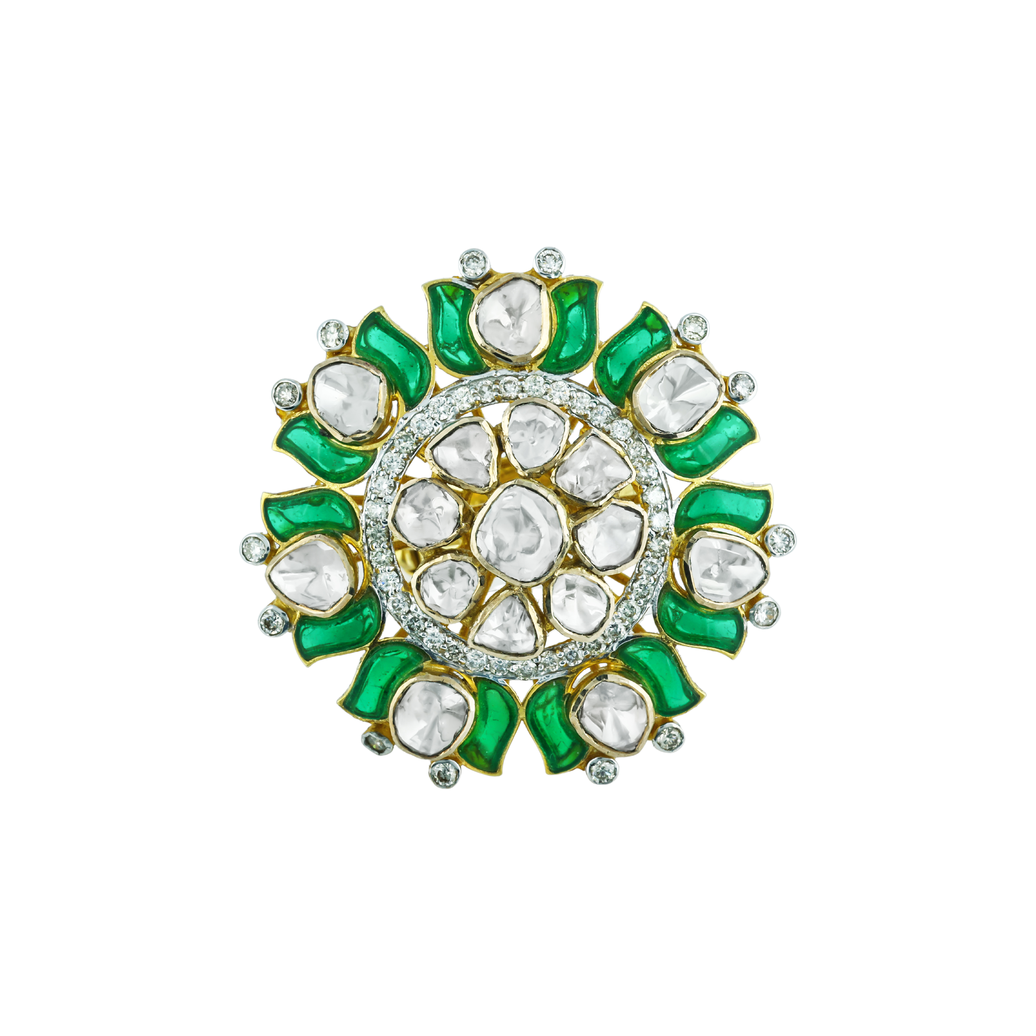 Polki Statement Ring with Green Stone Accents