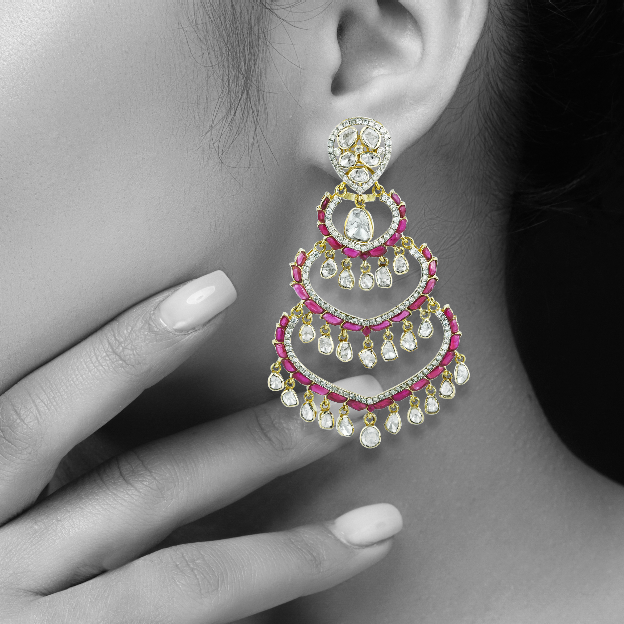 Chandelier Earrings with Polki, Red Talaf Accents and Diamonds