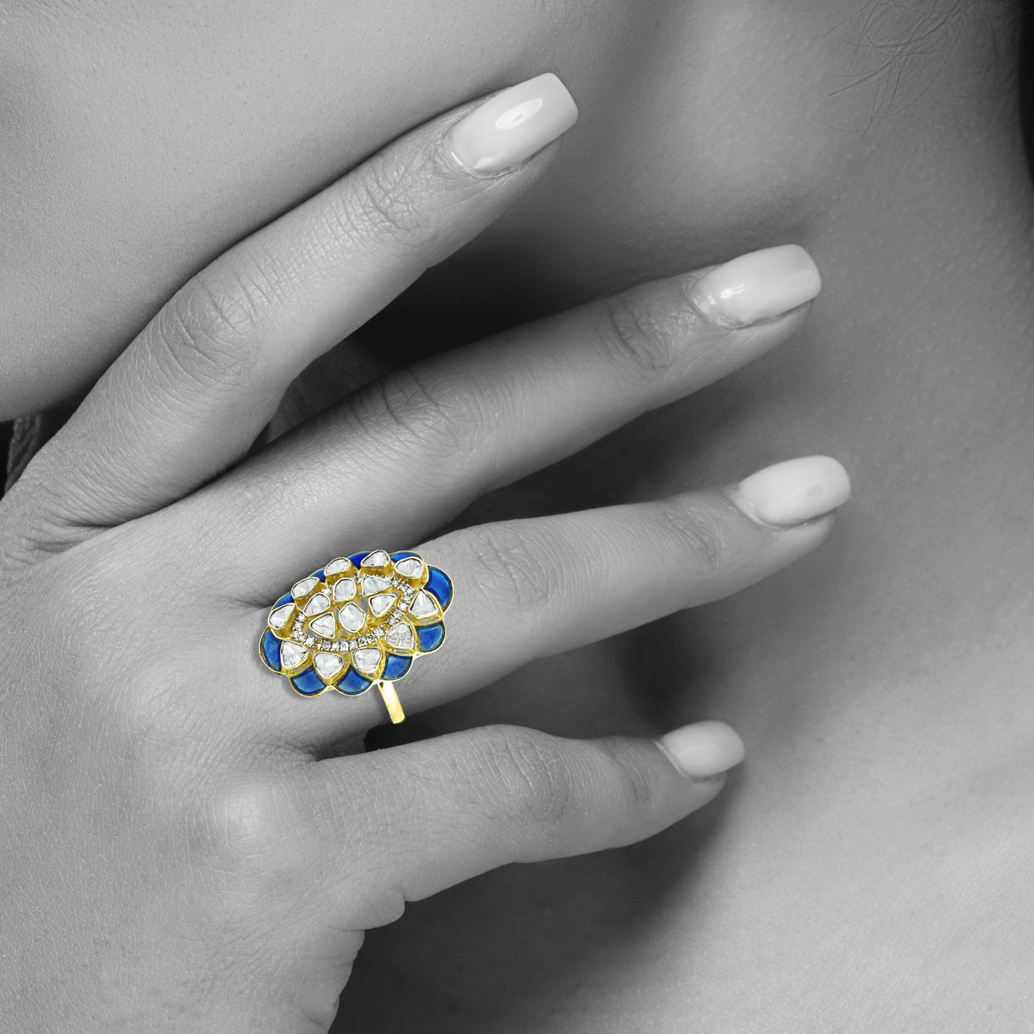 Floral Polki Ring with Blue Talaf and Diamonds