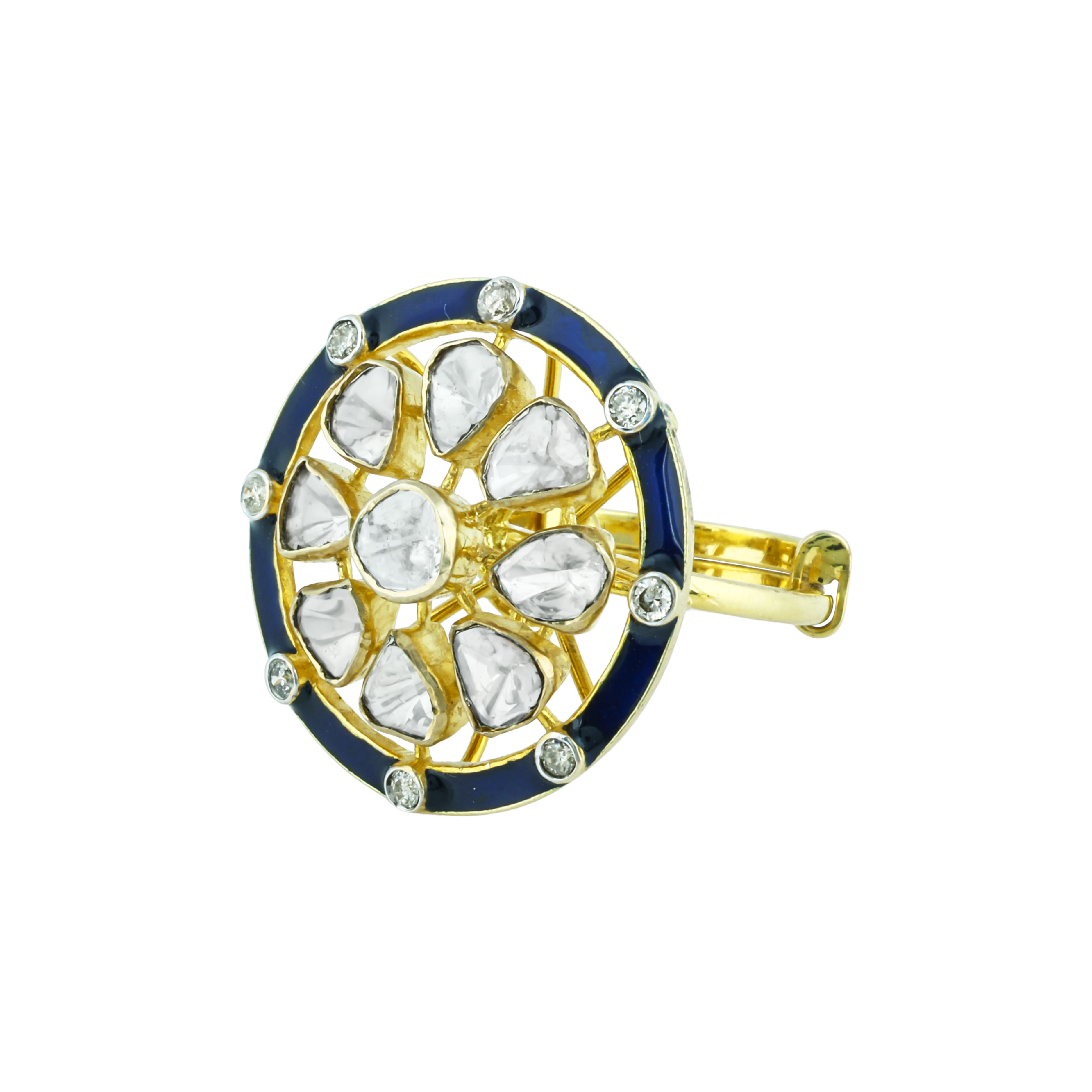 Polki Ring with Deep Blue Enamel Border and Diamond Accents