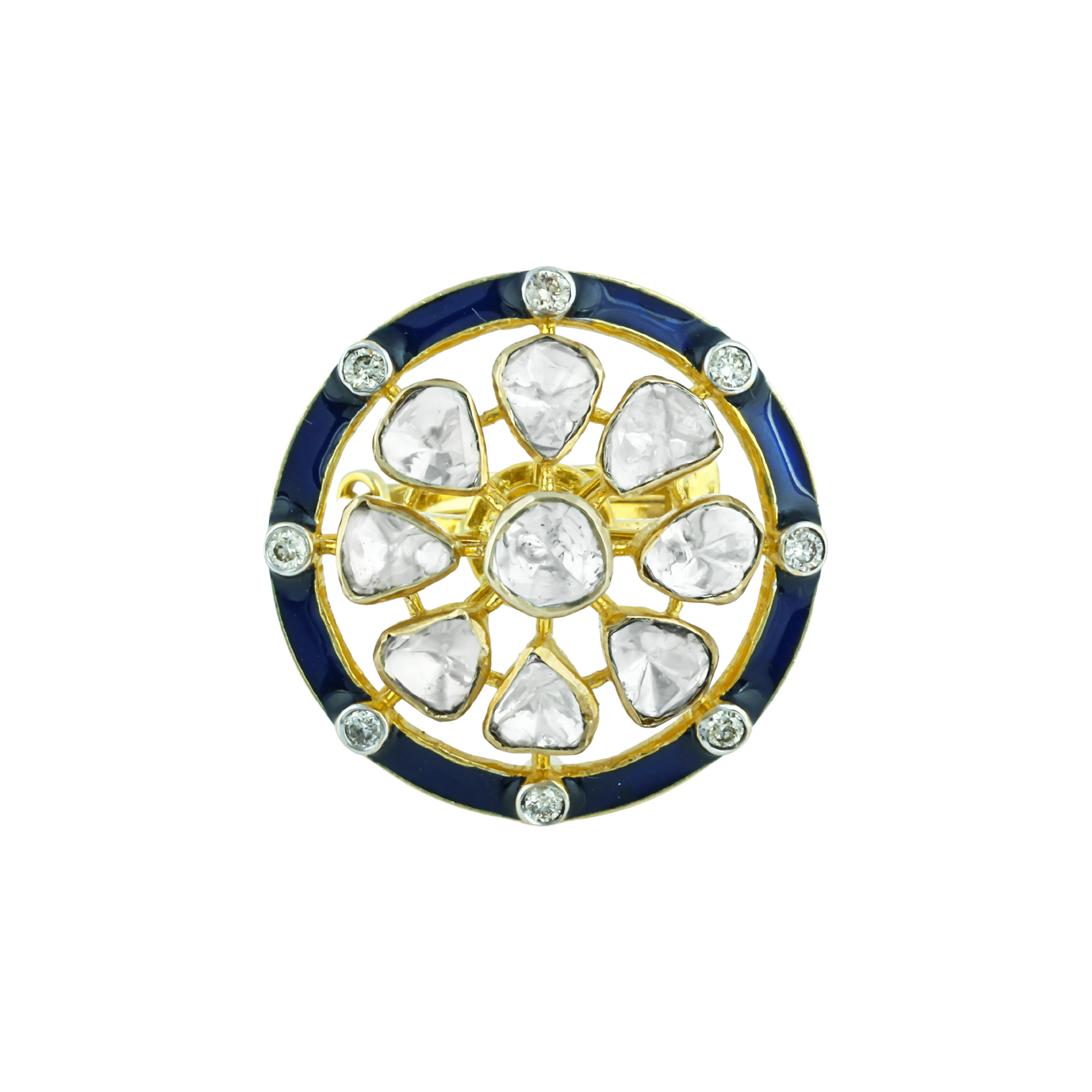 Polki Ring with Deep Blue Enamel Border and Diamond Accents