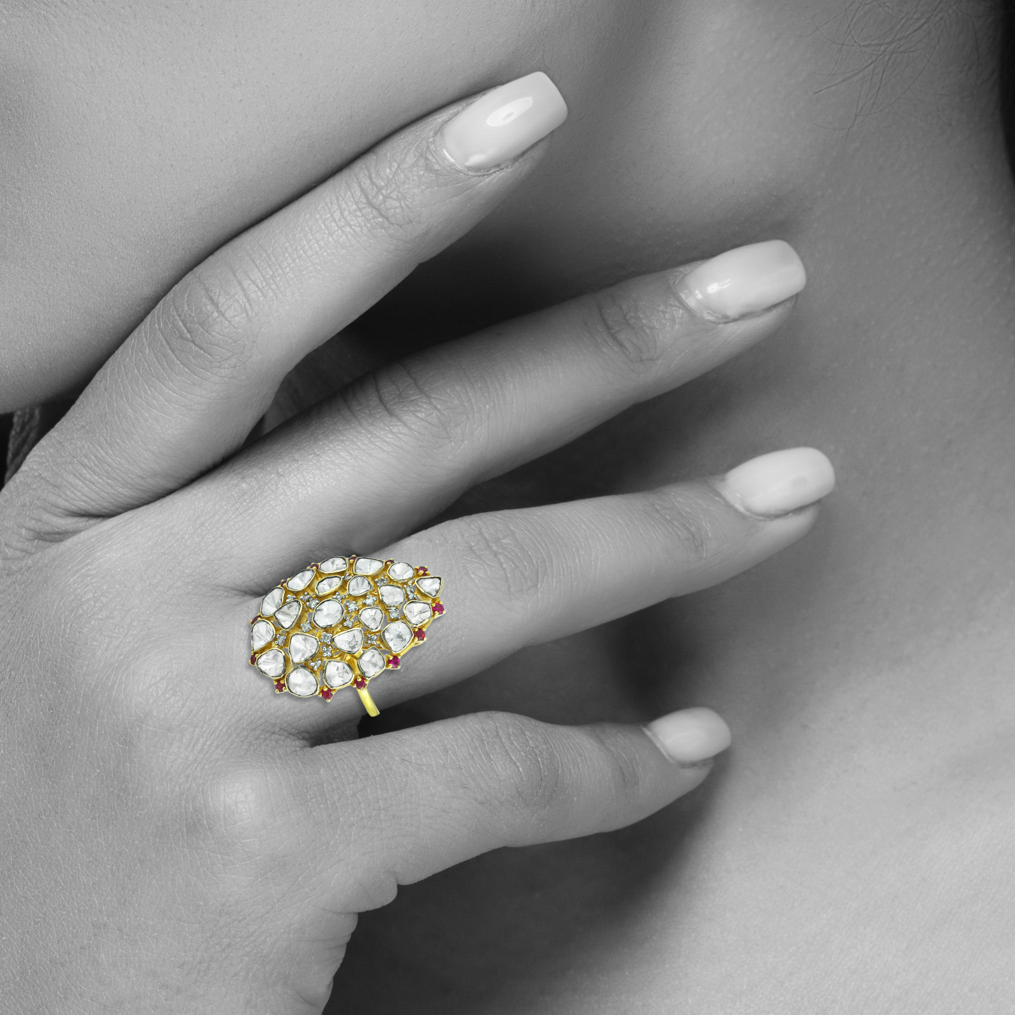 Teardrop Polki Ring with Red Accents and Polki Cluster