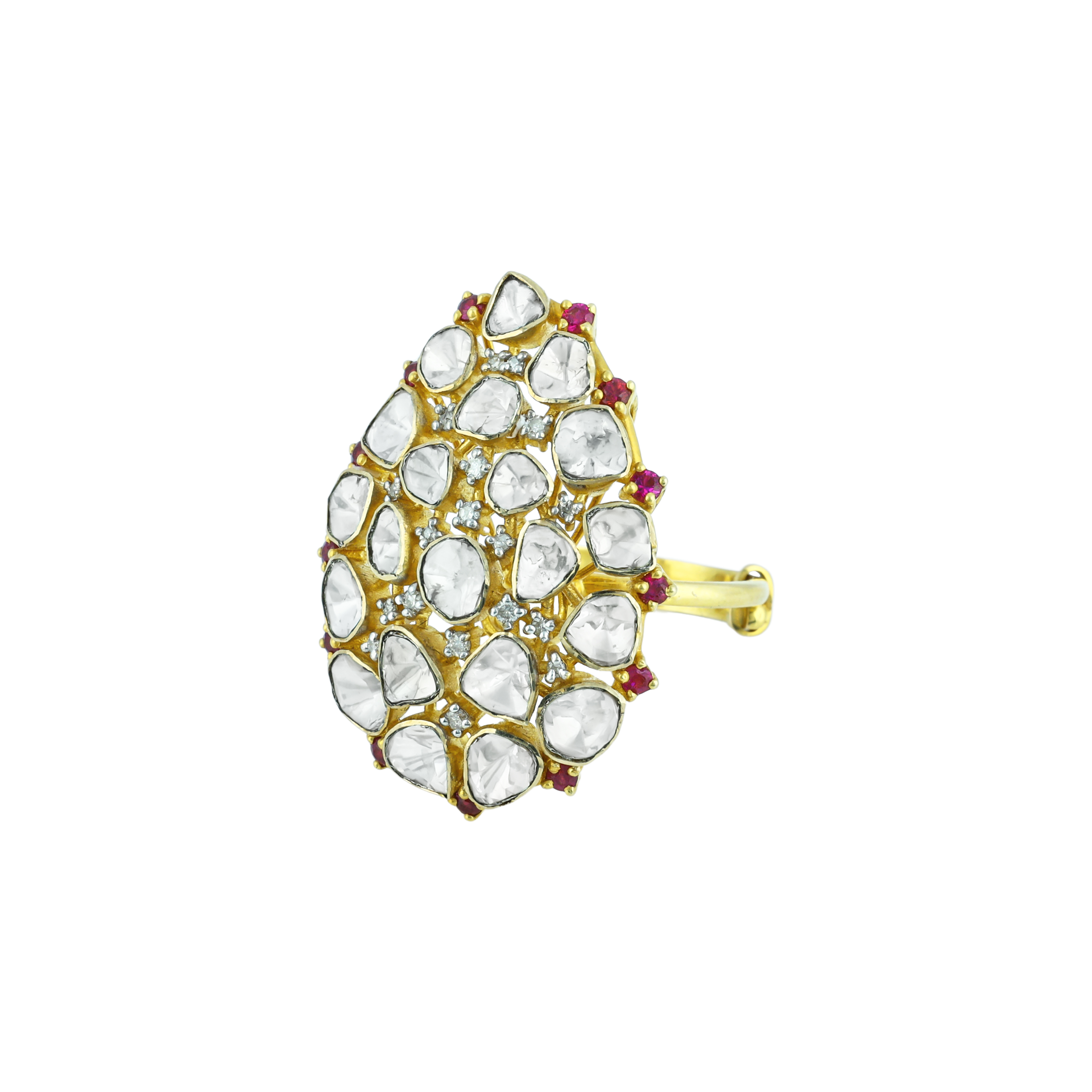 Teardrop Polki Ring with Red Accents and Polki Cluster