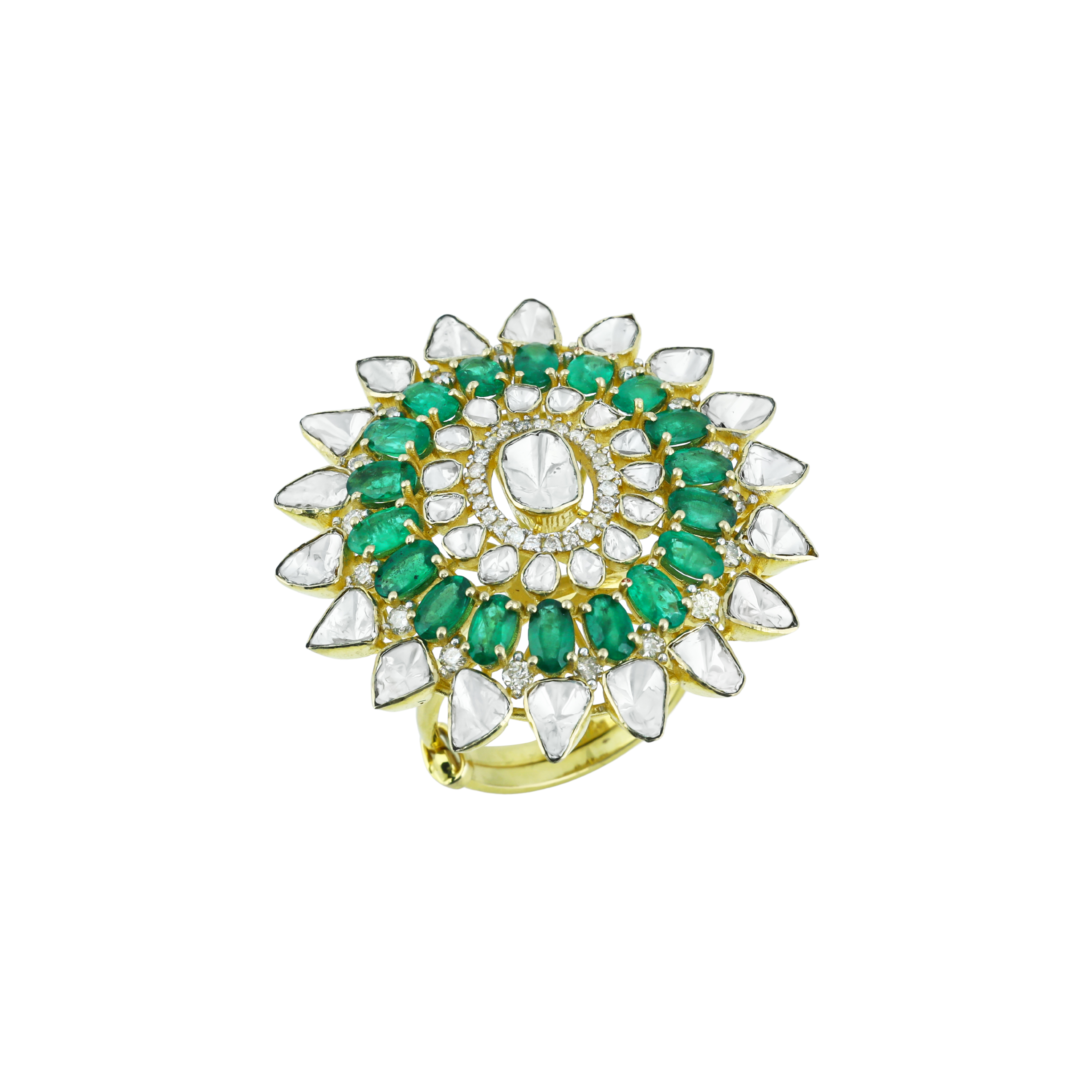 Floral Polki Ring with Green Accents and Sunburst Design