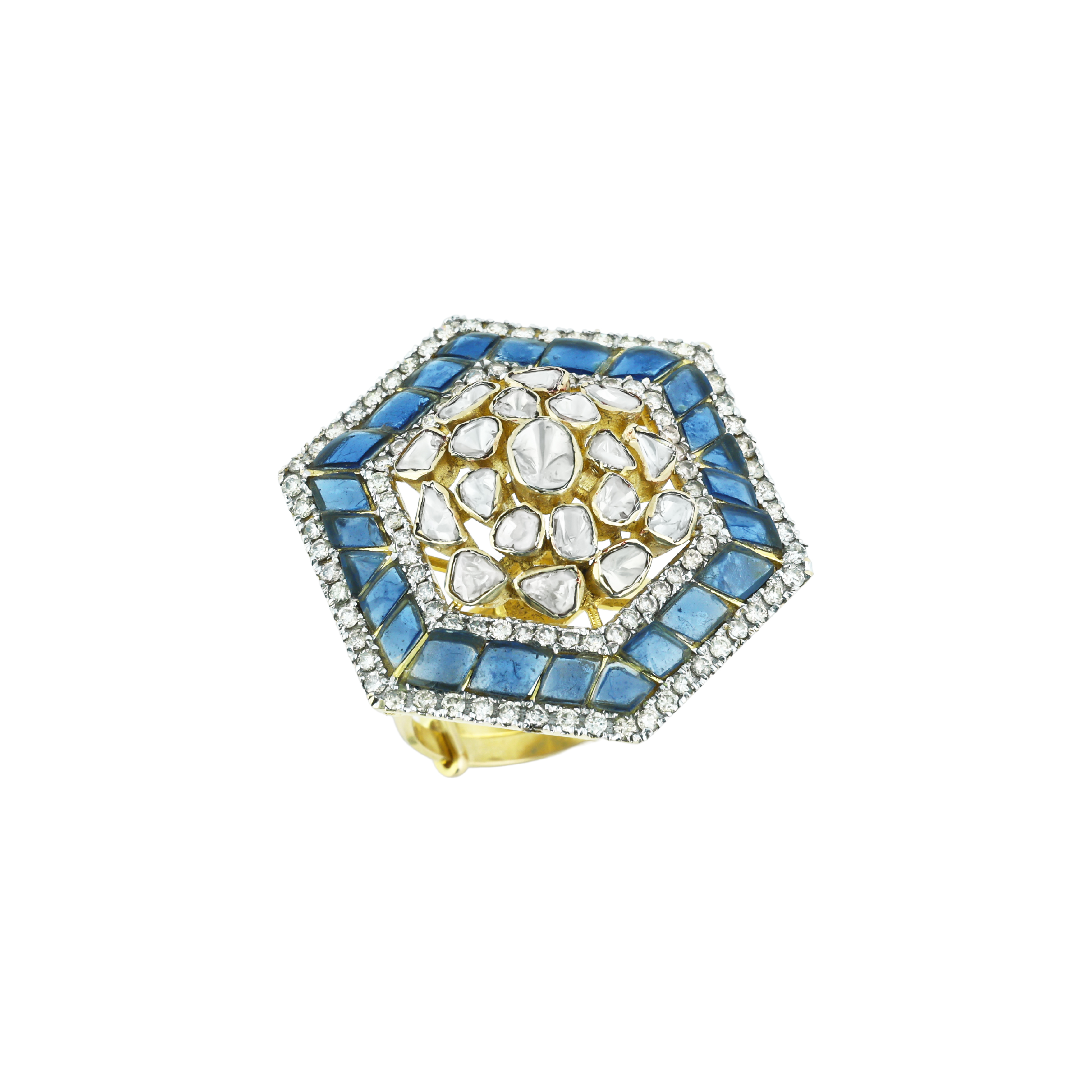 Hexagonal Polki Ring with Blue Talaf and Diamond Halo
