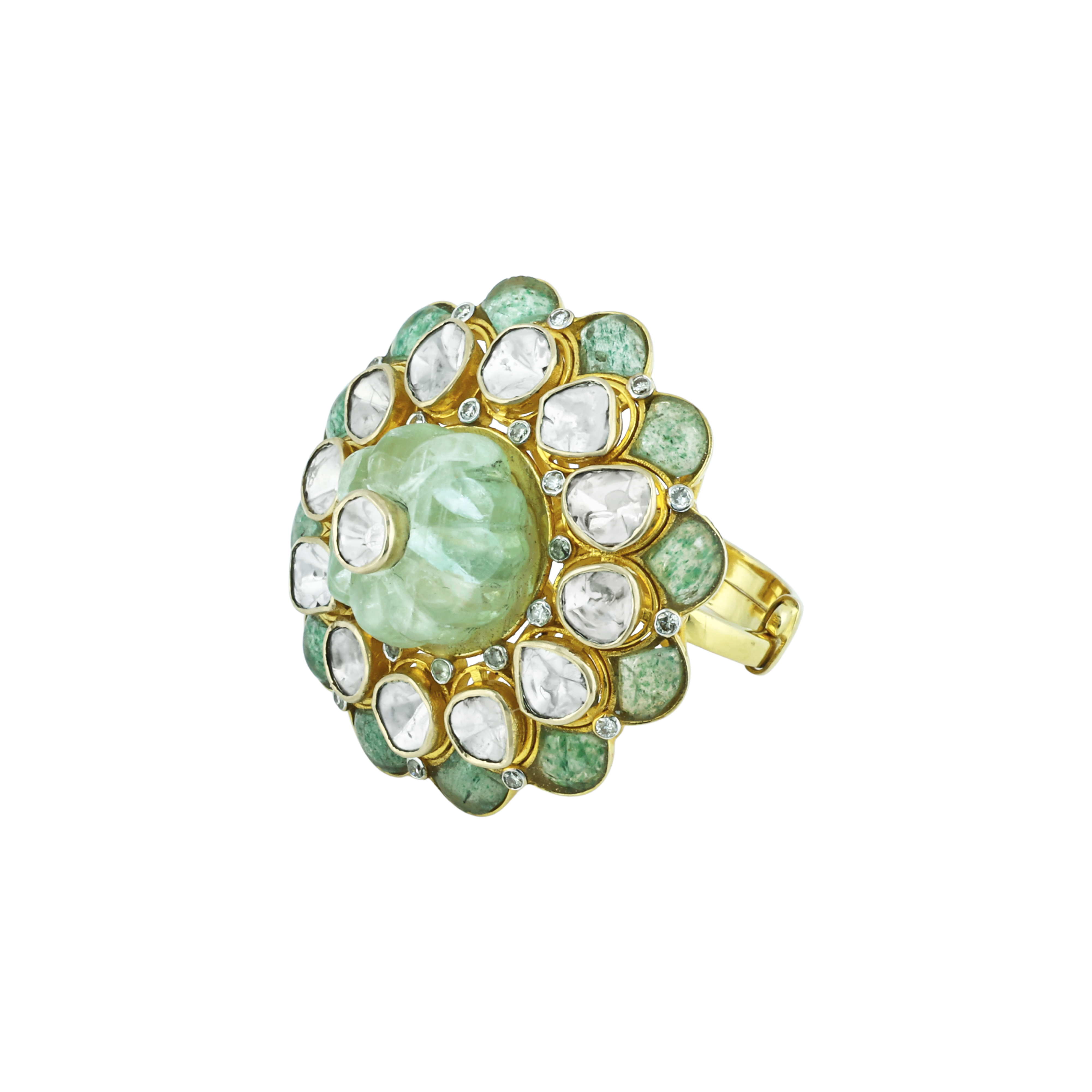 Floral Open Polki Ring with Center Melon Stone
