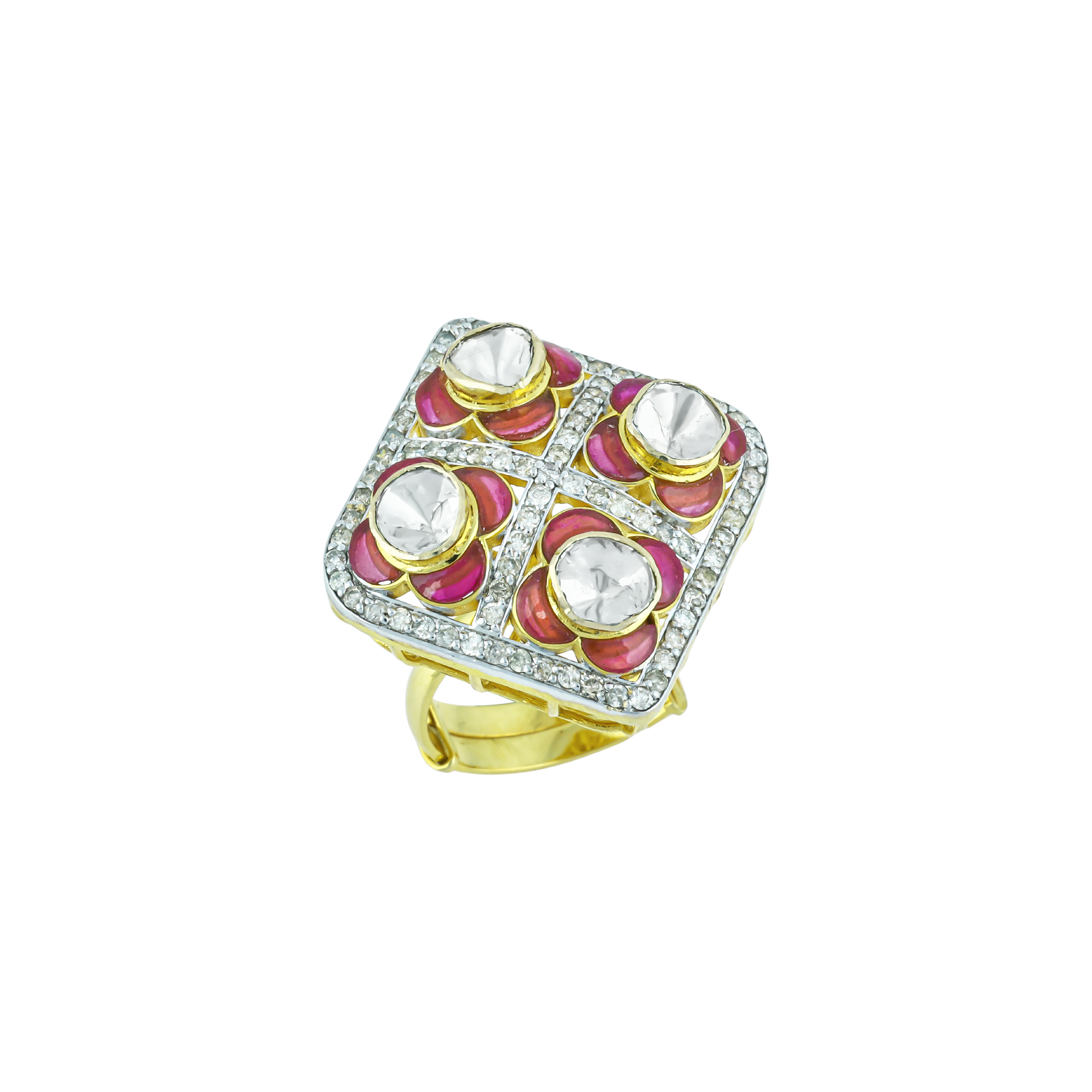 Square Polki Ring with Pink Enamel and Diamond Border