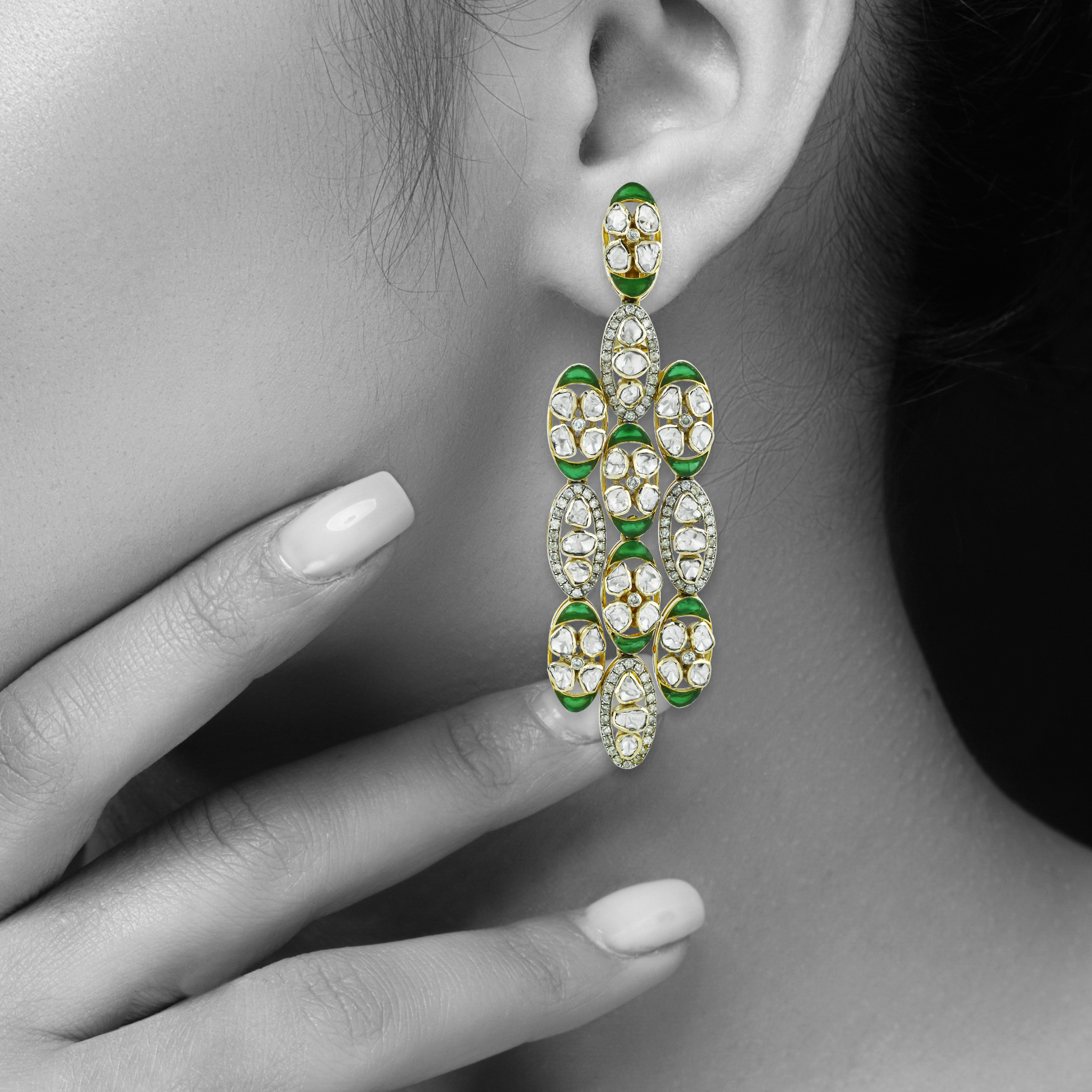 Polki Earrings with Green Stones and Elongated Oval Design