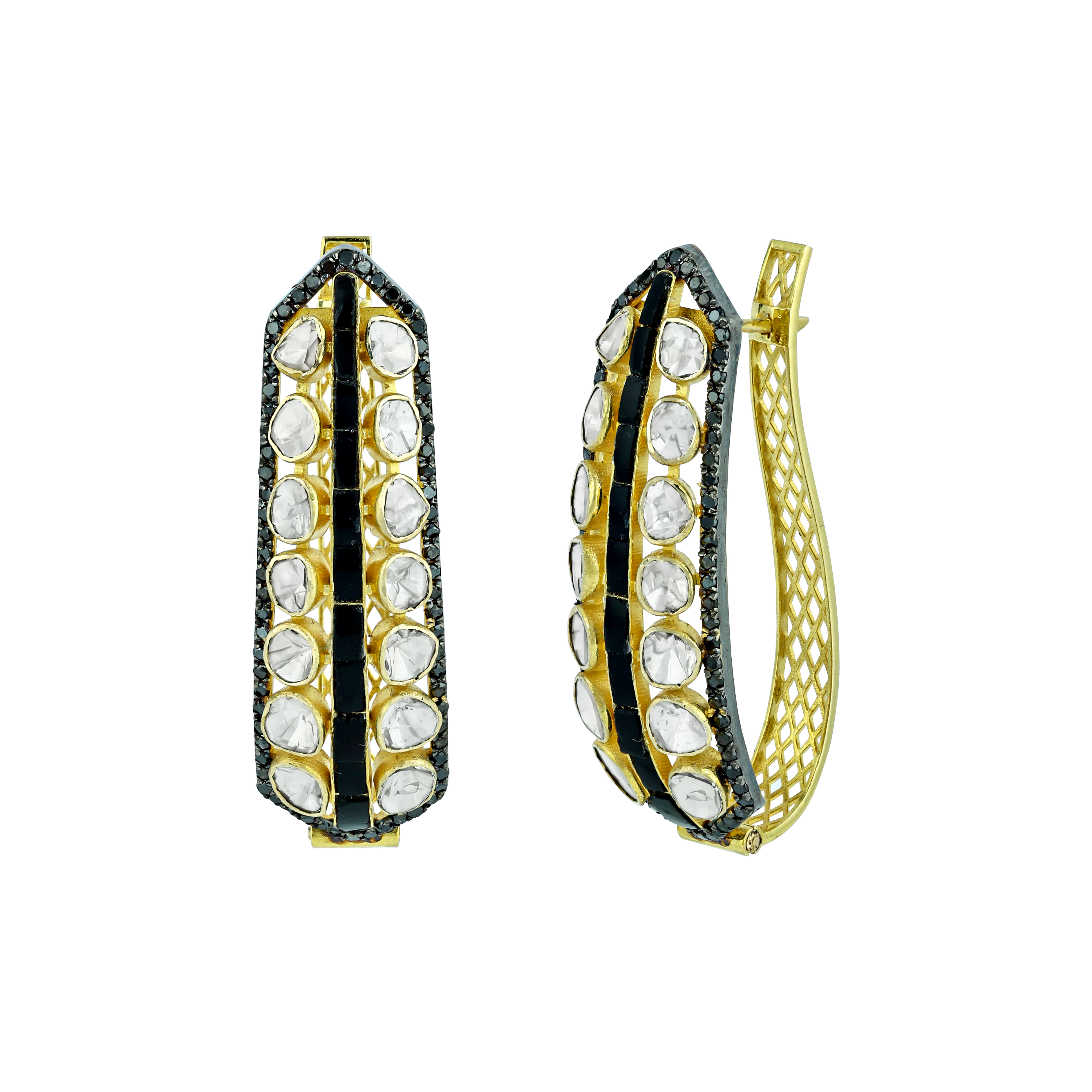 Geometric Polki Hoop Earrings with Black Diamonds and Talaf