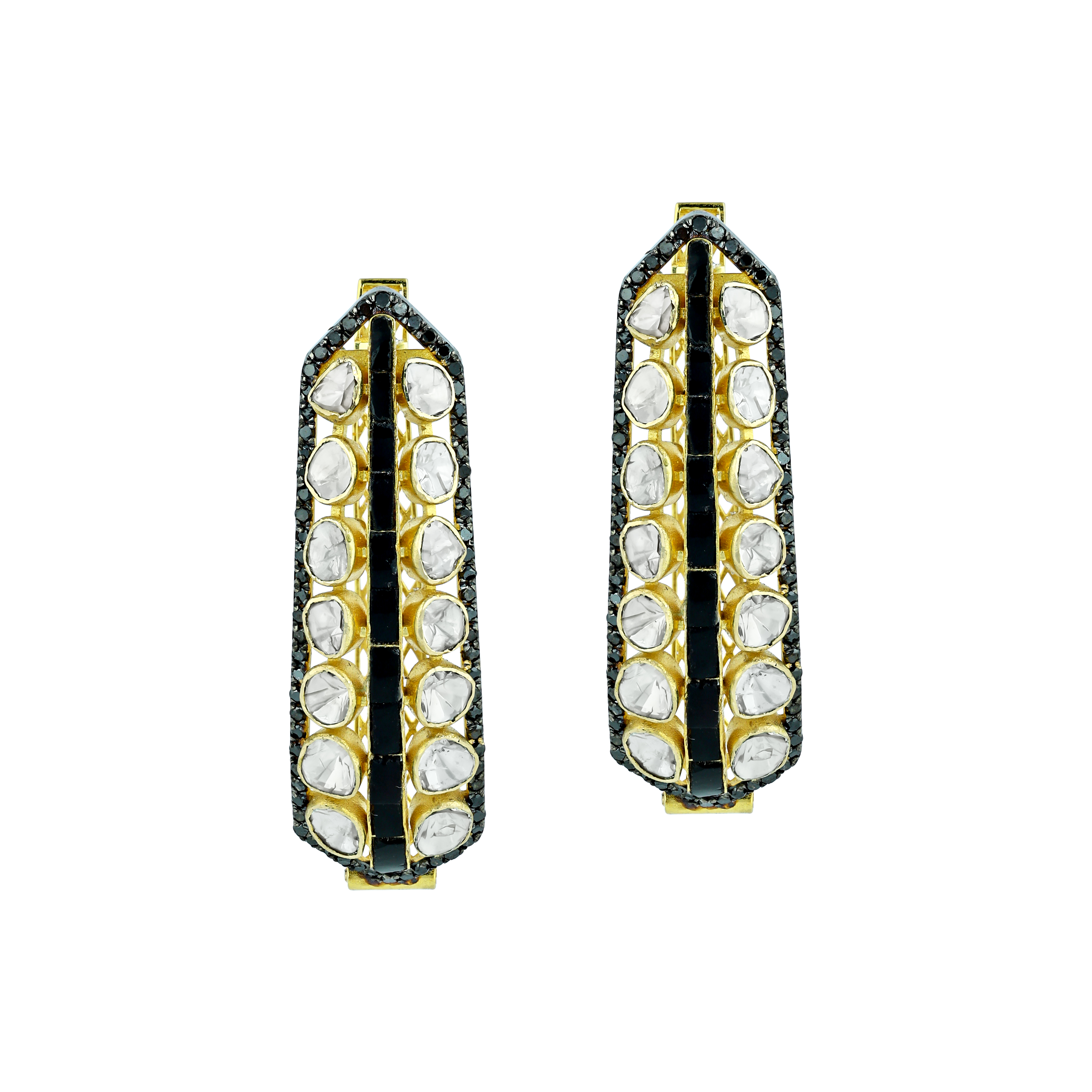 Geometric Polki Hoop Earrings with Black Diamonds and Talaf