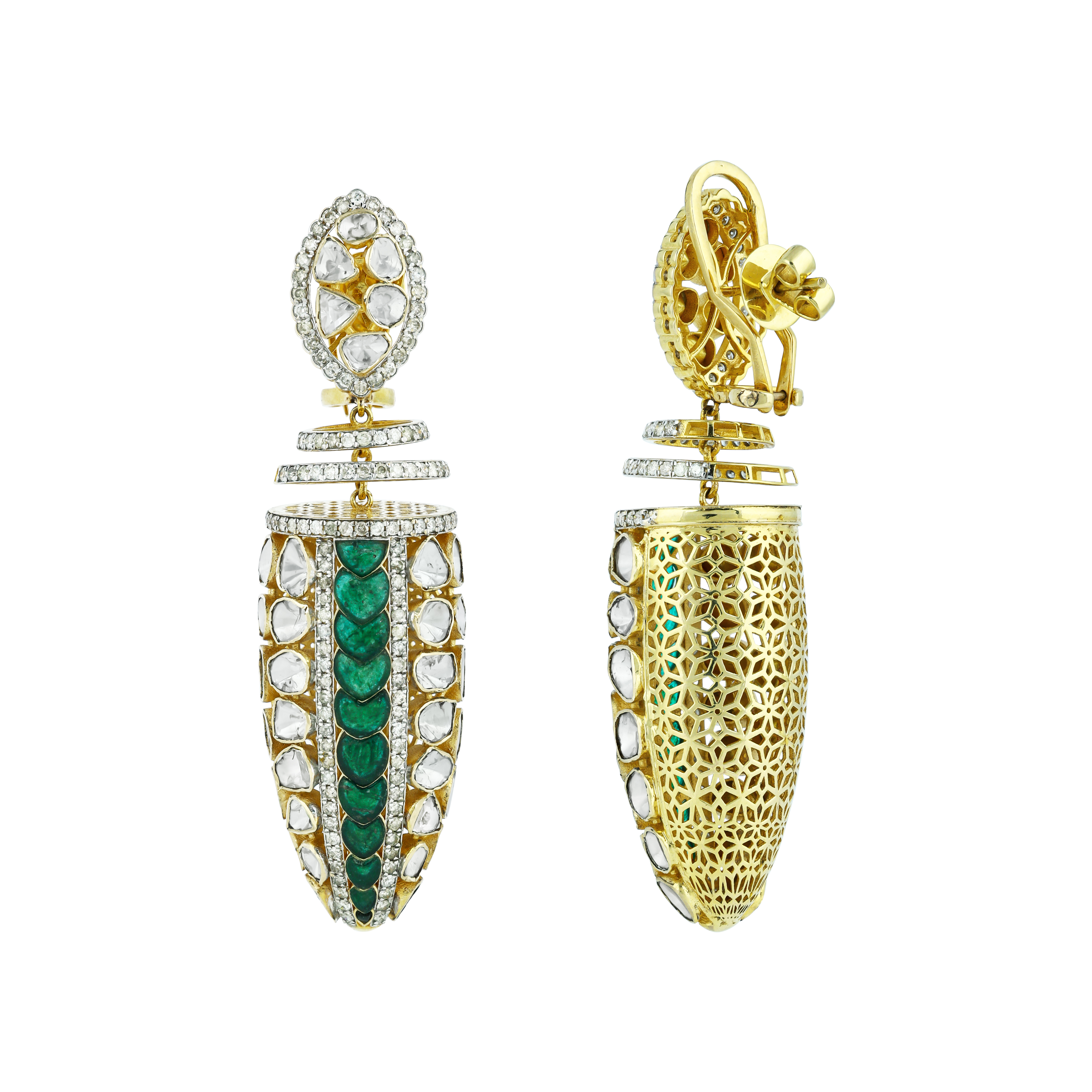 Polki Earrings with Emerald Talafs and Layered Gold Rings