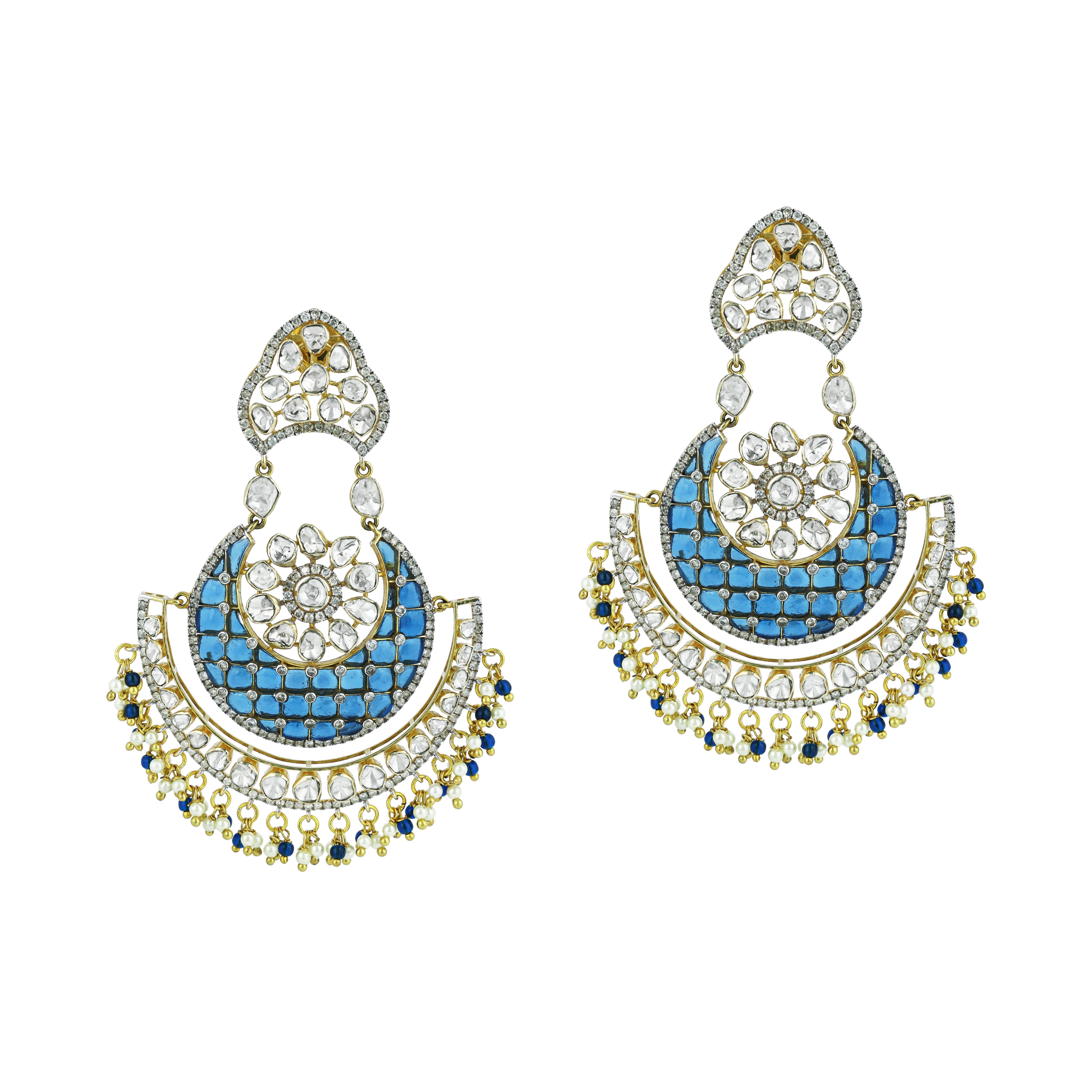 Crescent Chandbali Earrings with Polki, Blue Talaf, and Beads