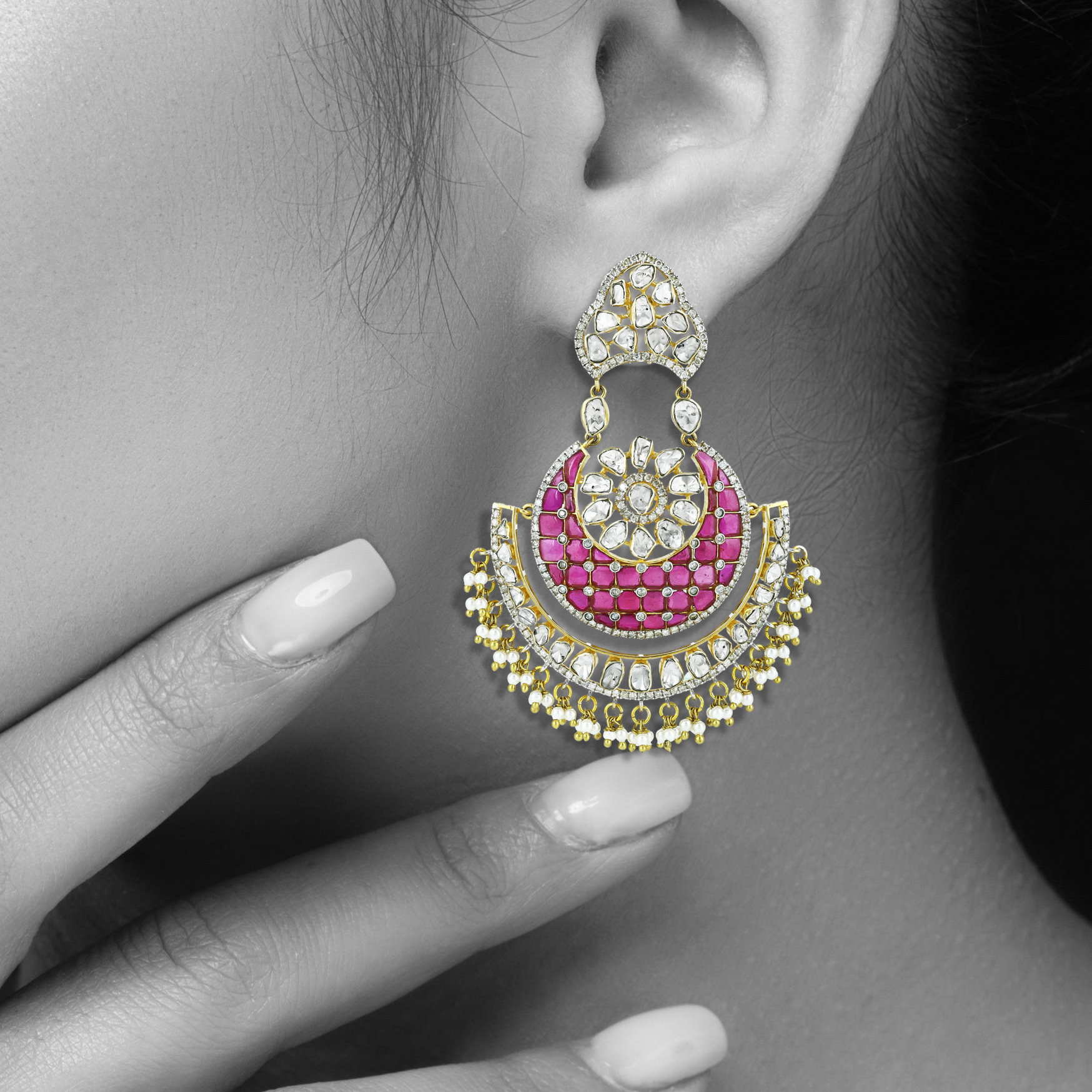 Polki Chandbali Earrings with Red Talaf and Pearls