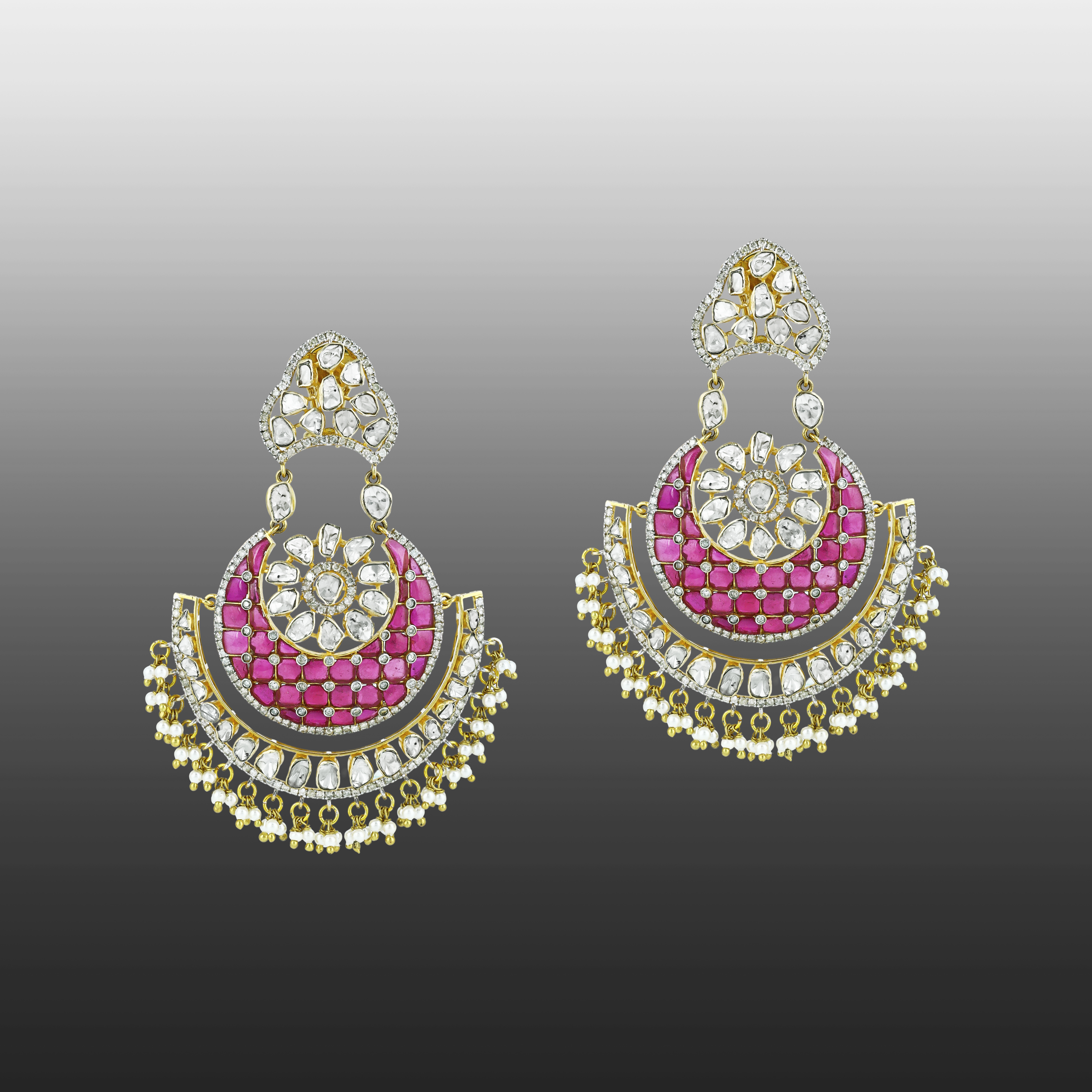 Polki Chandbali Earrings with Red Talaf and Pearls
