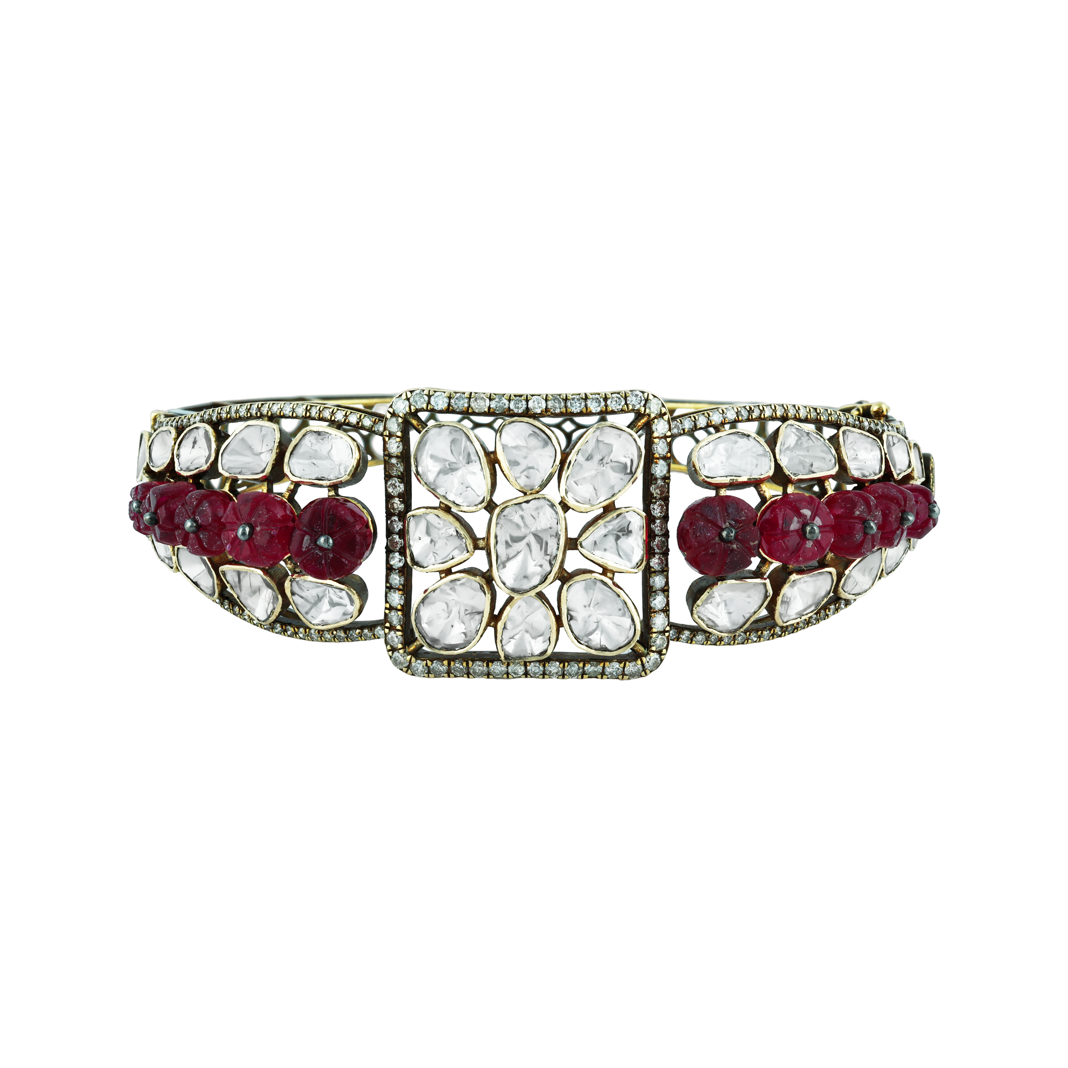 Victorian Polki Bangle with Red Beads and Antique Finish