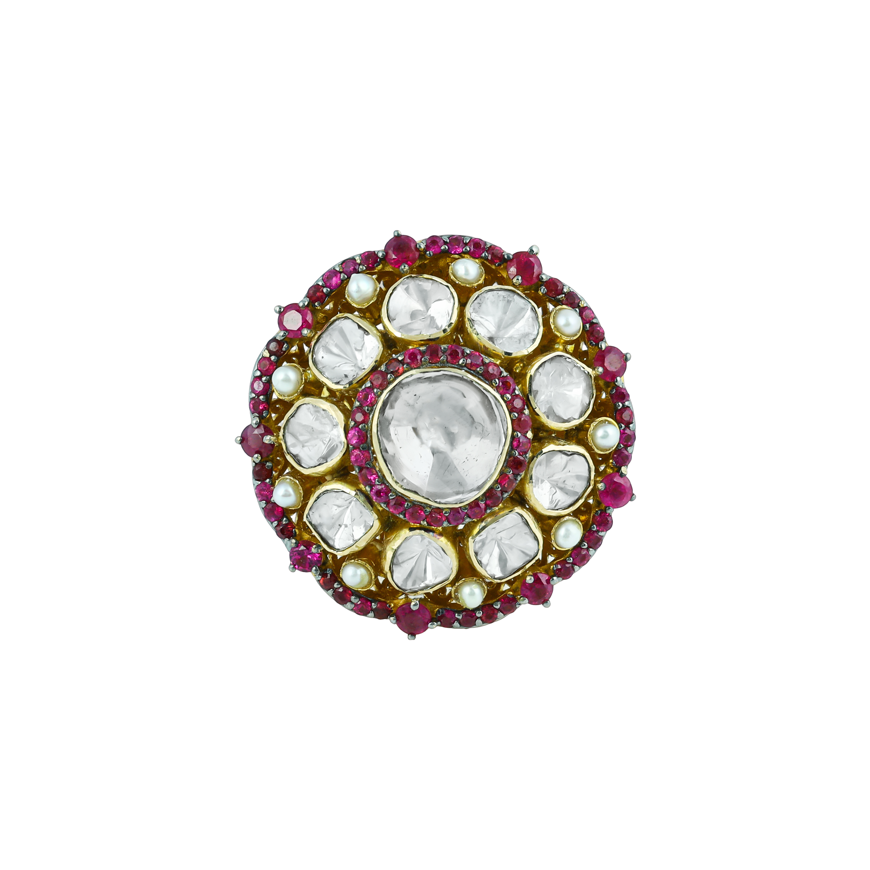 Polki Ring with Red Colourstone and Pearl Halo