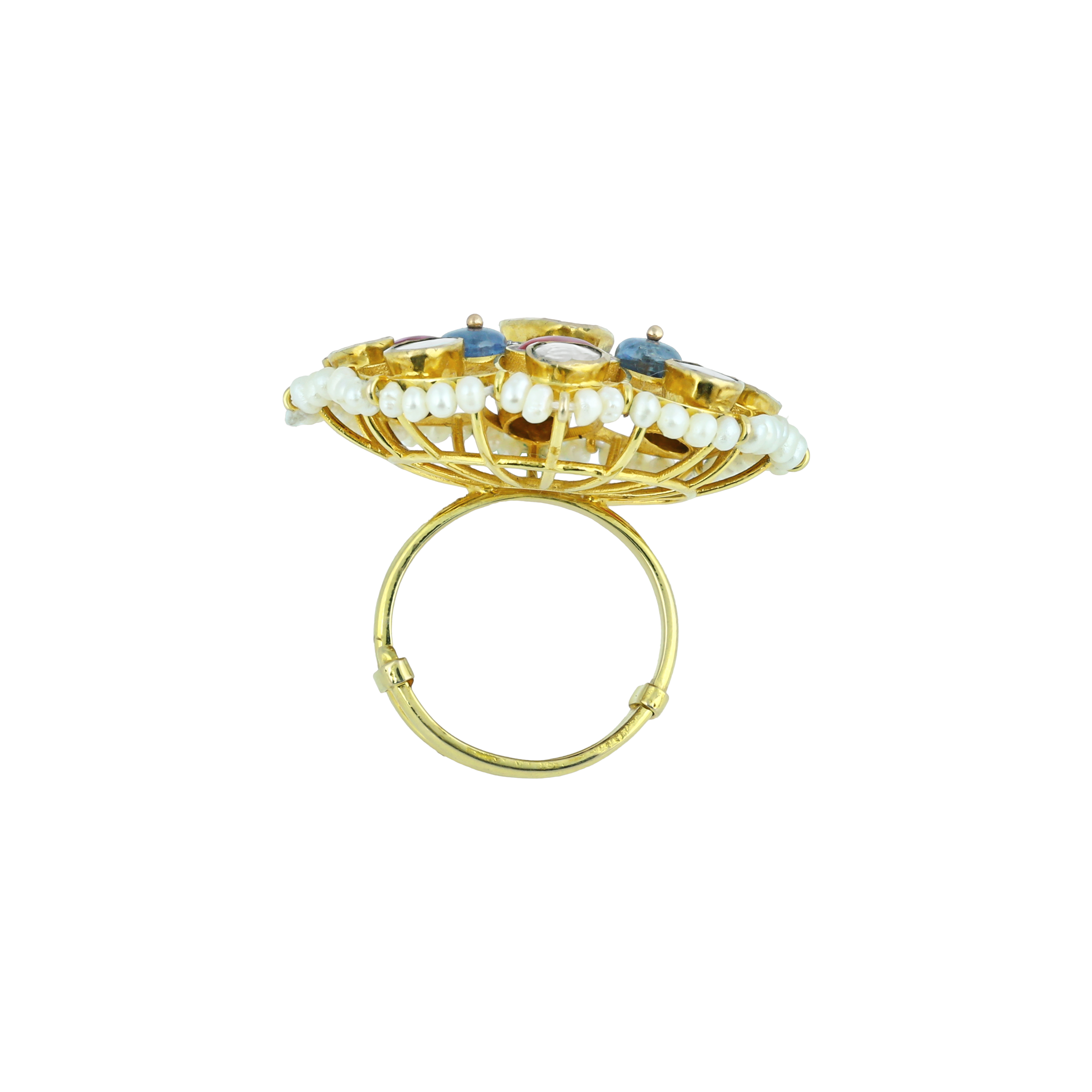 Polki Ring with Red and Blue Gemstones, Diamond Halo, and Pearls