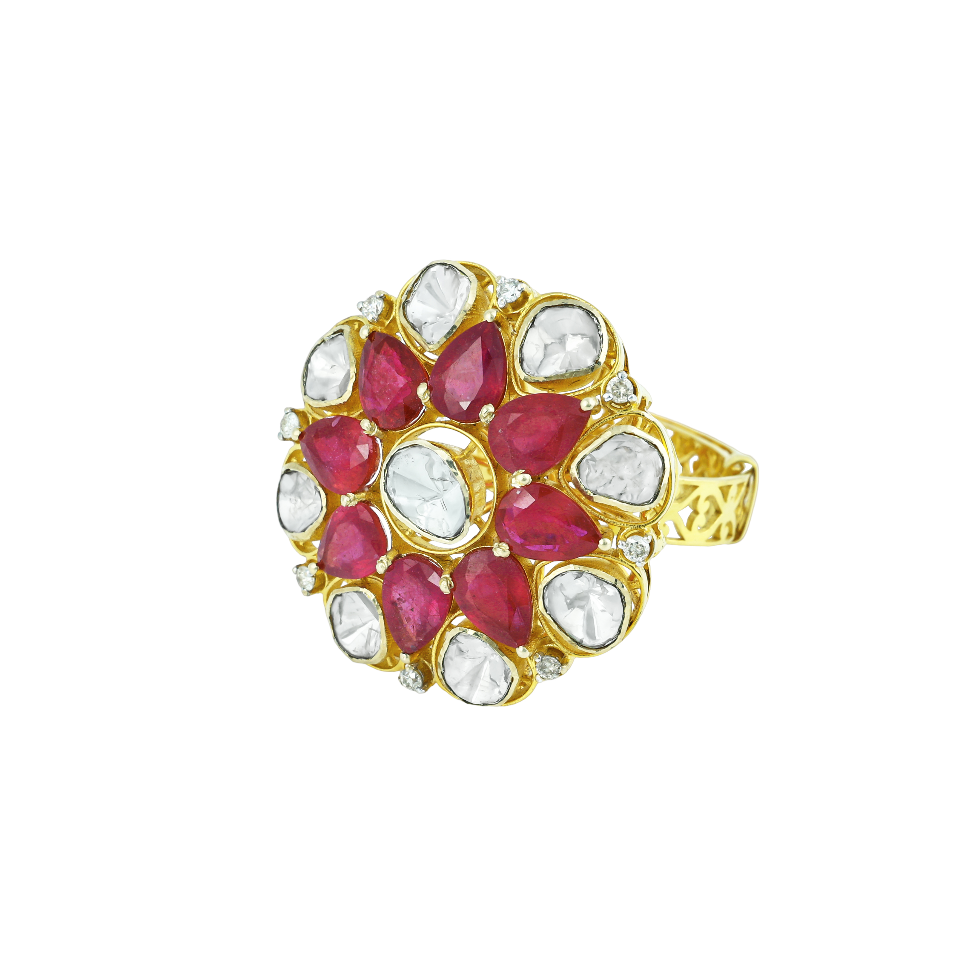Floral Polki Ring with Central Uncut polki and Red Cut Stone
