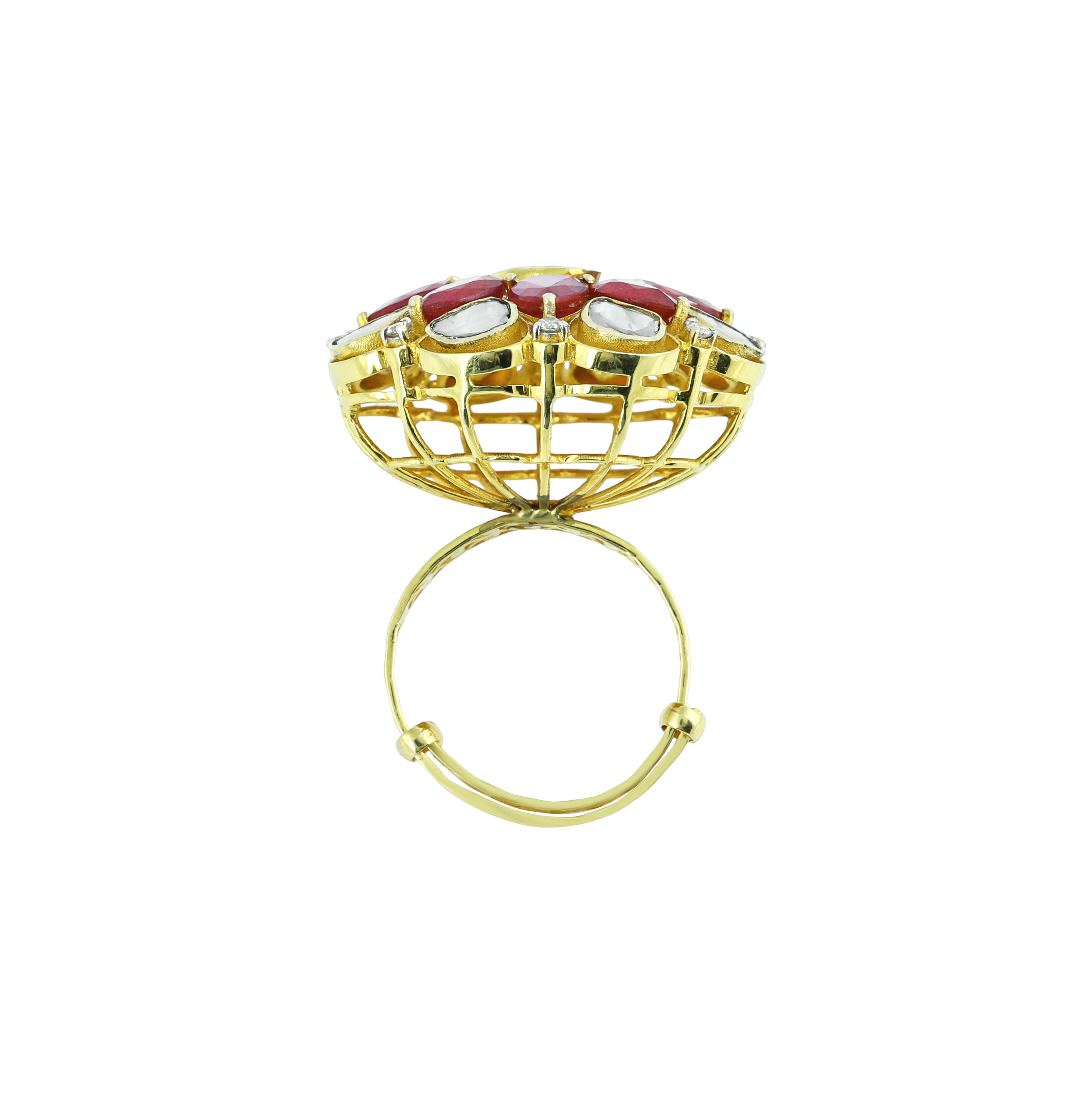Floral Polki Ring with Central Uncut polki and Red Cut Stone