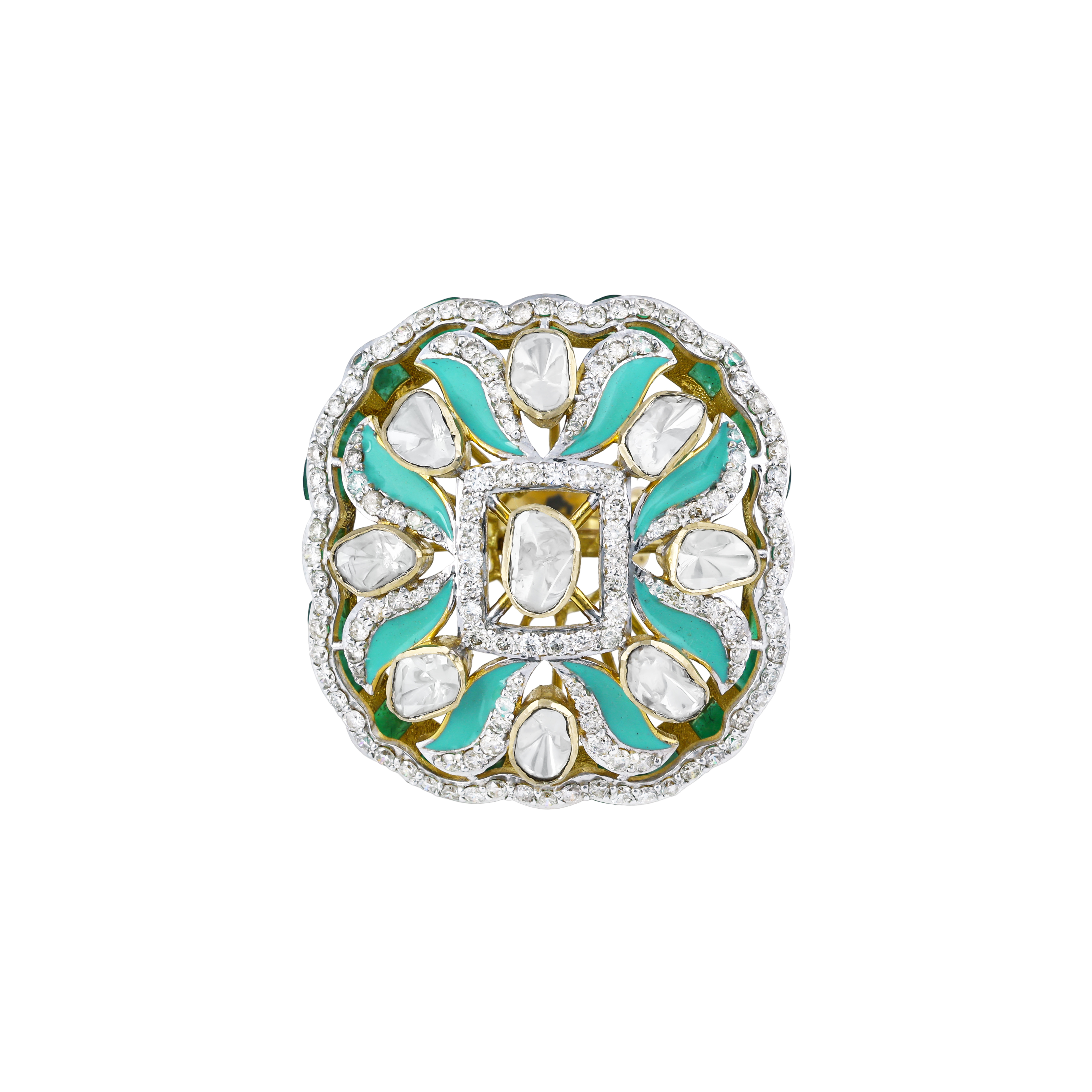 Polki Ring with Turquoise Enamel and Diamond Accents