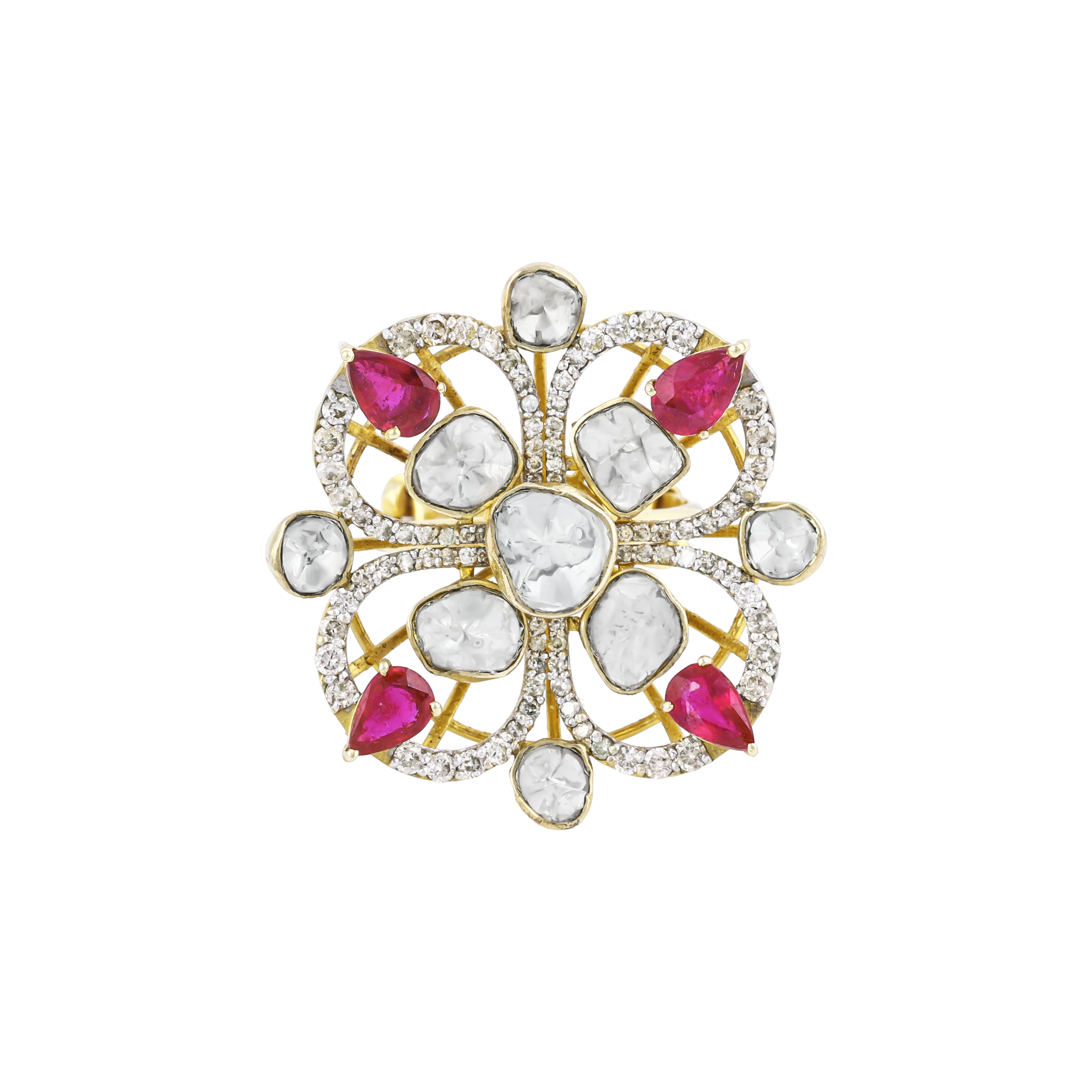 Floral Polki Ring with Pear-Shaped Red Gemstone and Diamond Halo