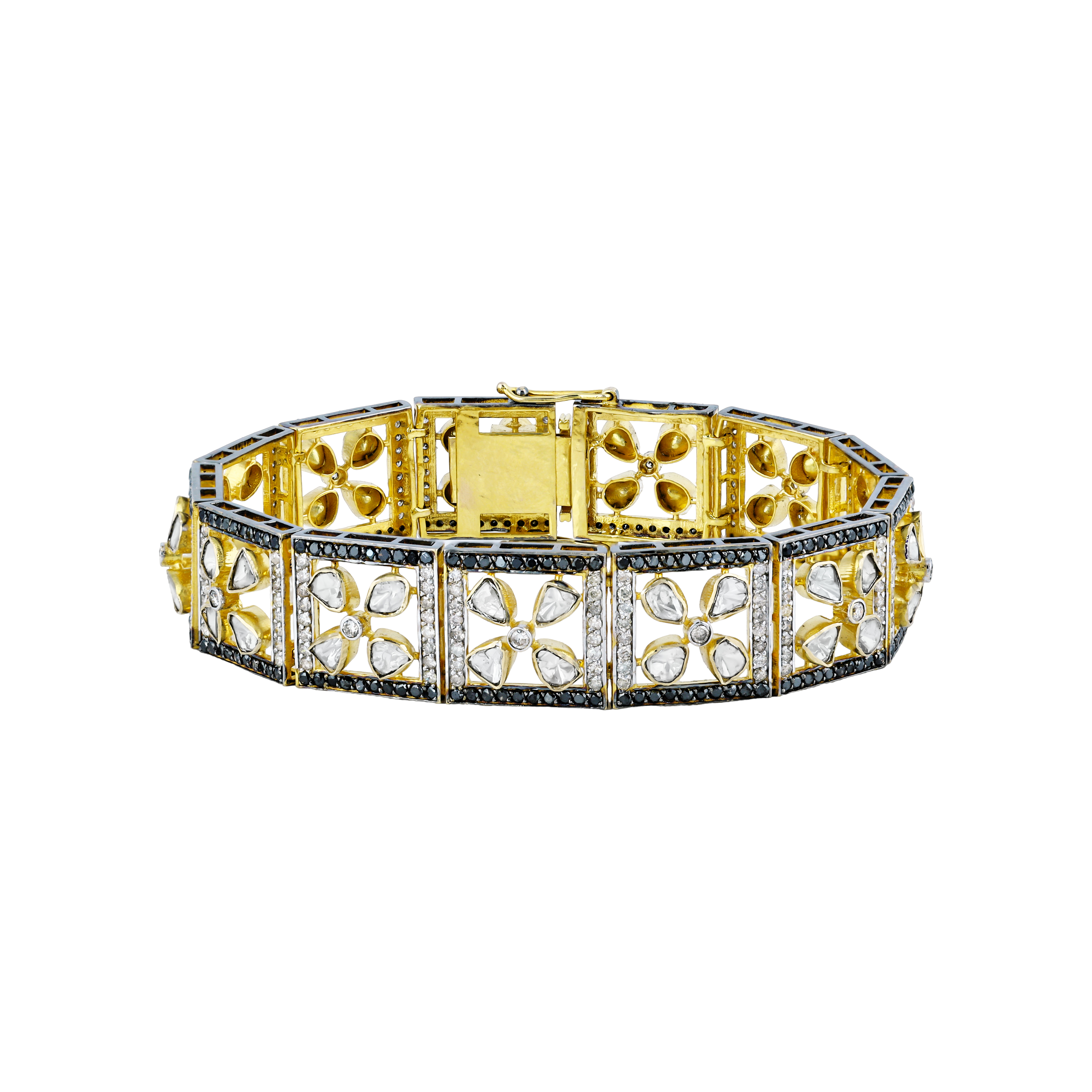 Tennis Bracelet with Floral Polkis and Black Diamond Border