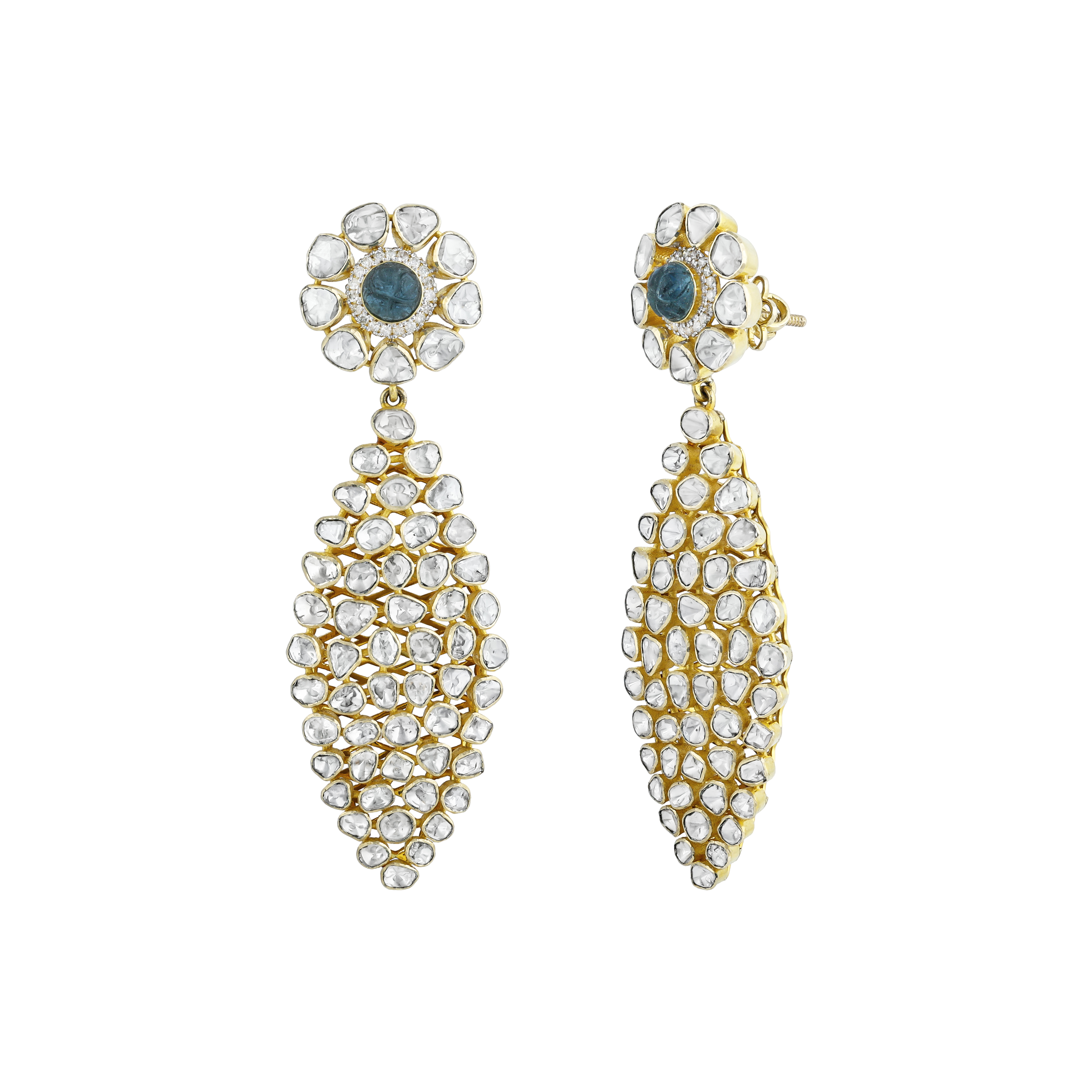 Polki Earrings with Blue Gemstone Center and Uncut Diamonds