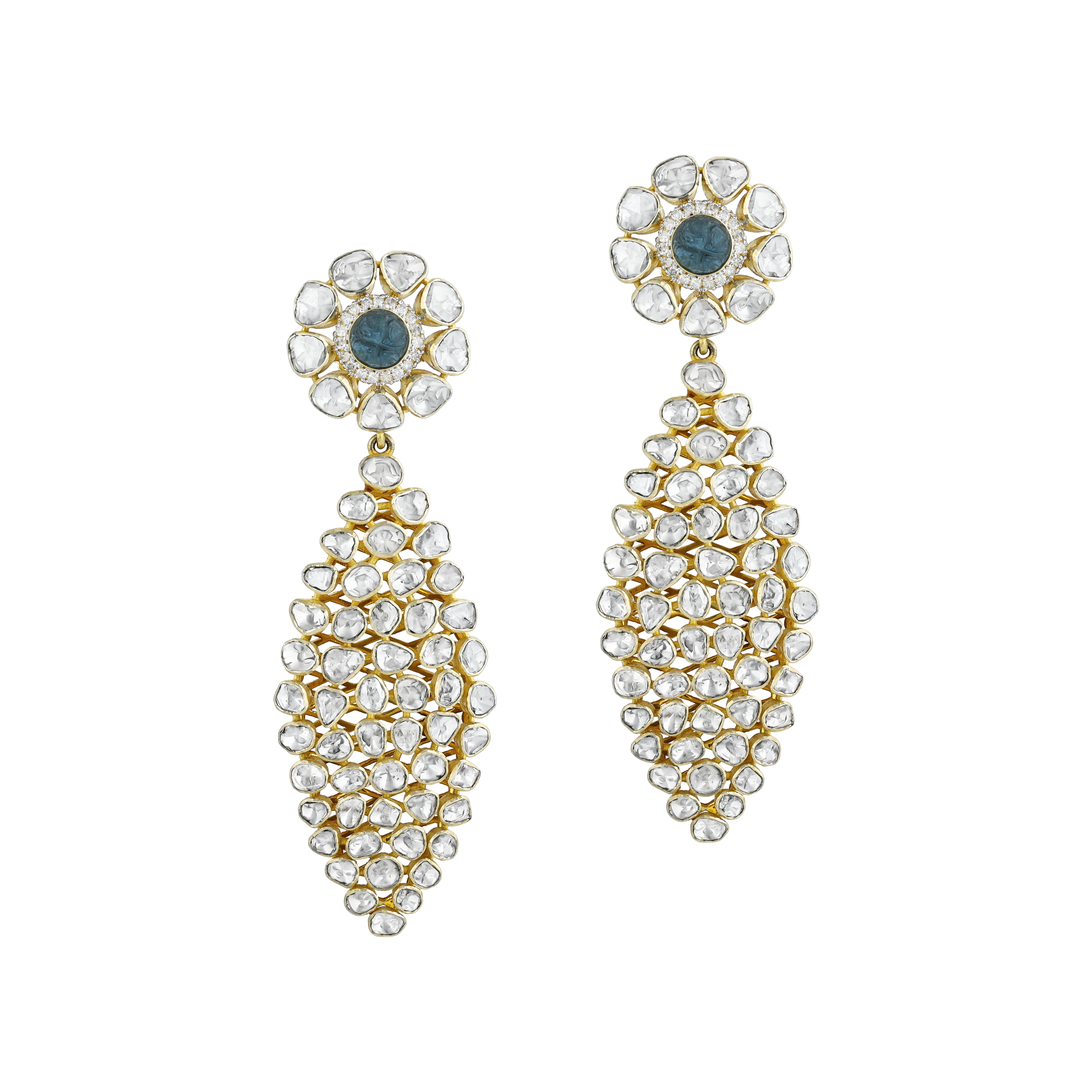 Polki Earrings with Blue Gemstone Center and Uncut Diamonds