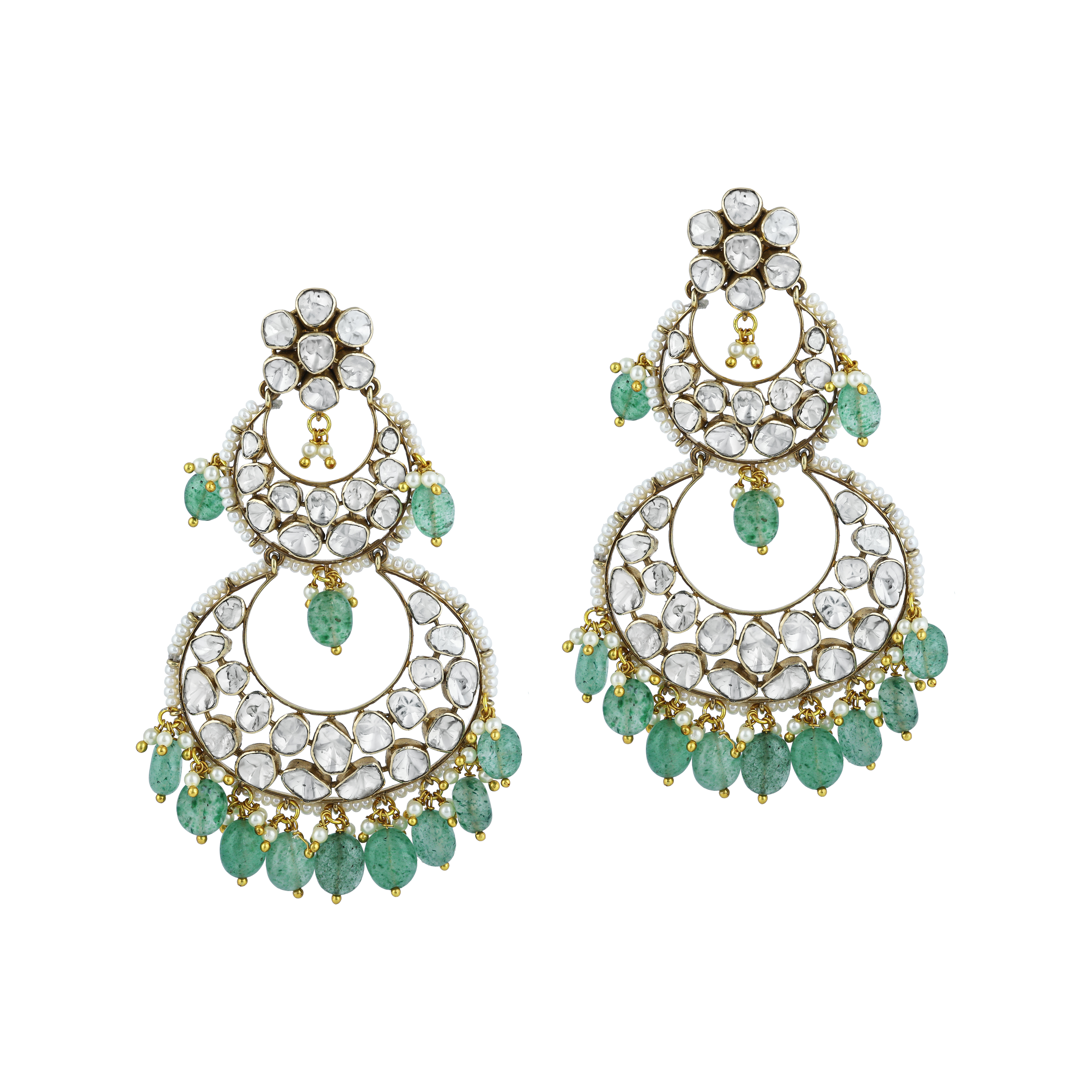 Polki Earrings with Double-Tier Chandbali, Pearl Accents, and Green Drops